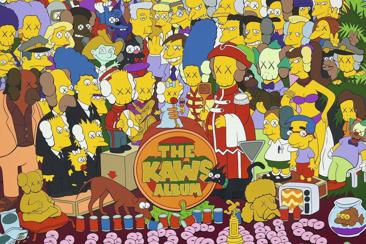 辛普森專輯KAWS 4K 壁紙 — 一個充滿活力的《辛普森家庭》角色拼貼畫，融合了KAWS藝術風格，帶有X標記的眼睛和玩樂般的混亂。
