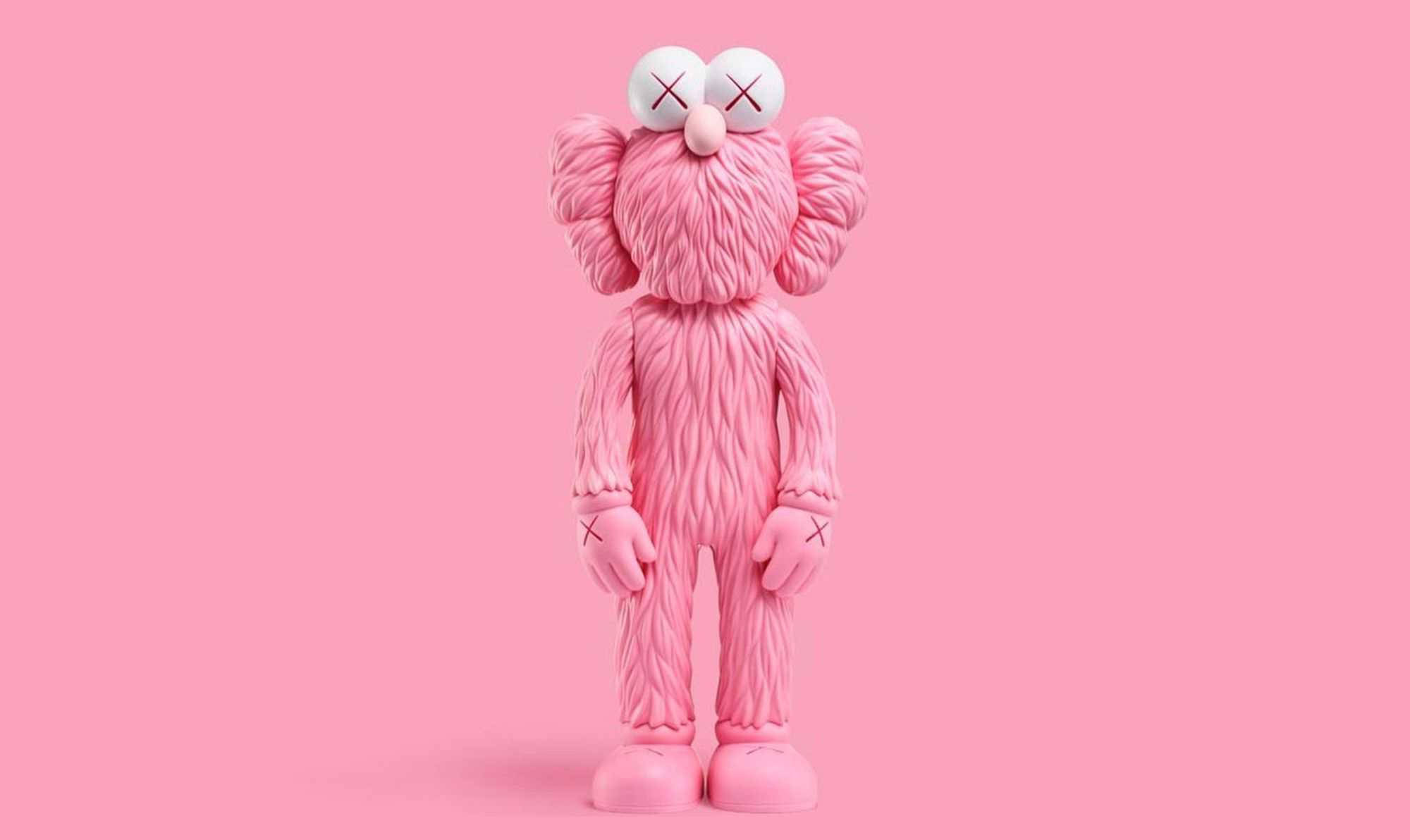 KAWS BFF粉紅版 壁紙 — 一個粉紅色嘅KAWS角色，有交叉眼，企喺純粉紅色背景嘅中央。