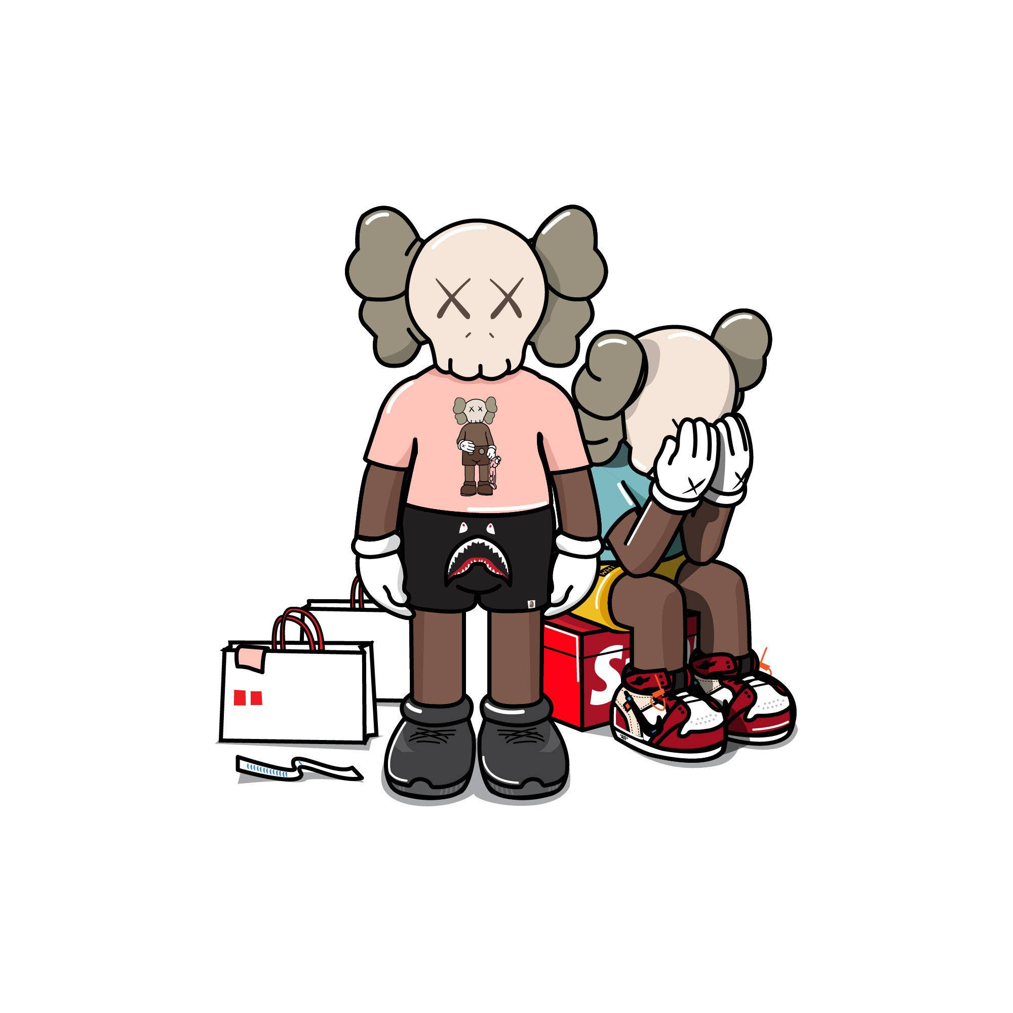 Kaws Companion 商品聯名藝術 壁紙 — 兩個KAWS角色，一個穿著粉紅色襯衫和鯊魚短褲站立，另一個坐在紅色盒子上用手遮住臉。
