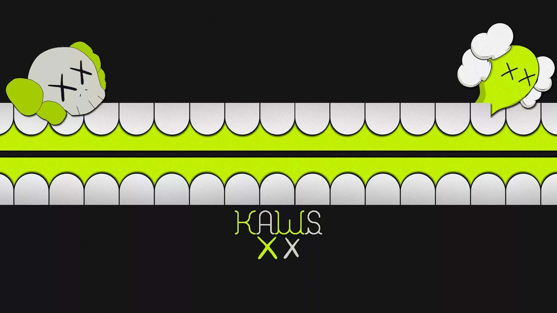 KAWS Companion 暫時放鬆 壁紙 — 兩個KAWS角色喺黑色背景上，喺一個鮮綠色同白色嘅扇形邊界上面偷睇。