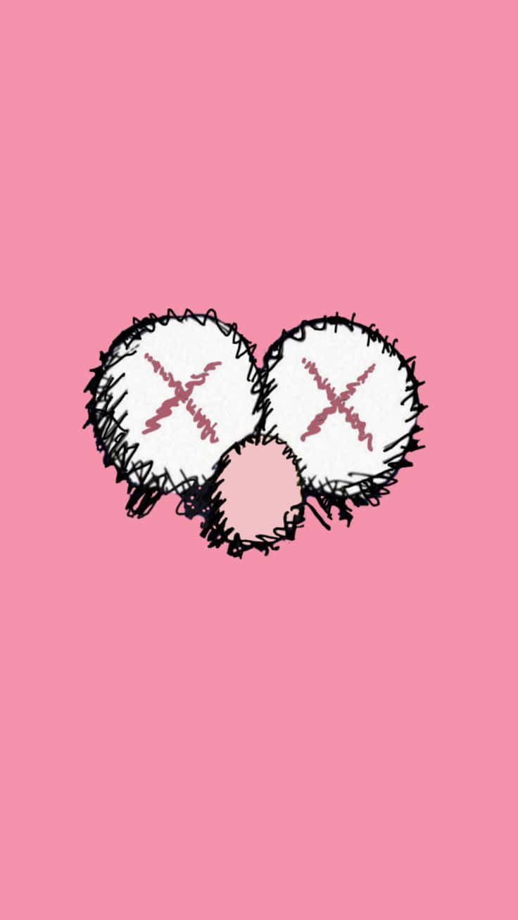 KAWS Companion 深思靜坐 壁紙 — 一個簡約的粉紅色背景上，有一個用黑色塗鴉粗略繪製的臉，帶有X形眼睛和圓形鼻子。