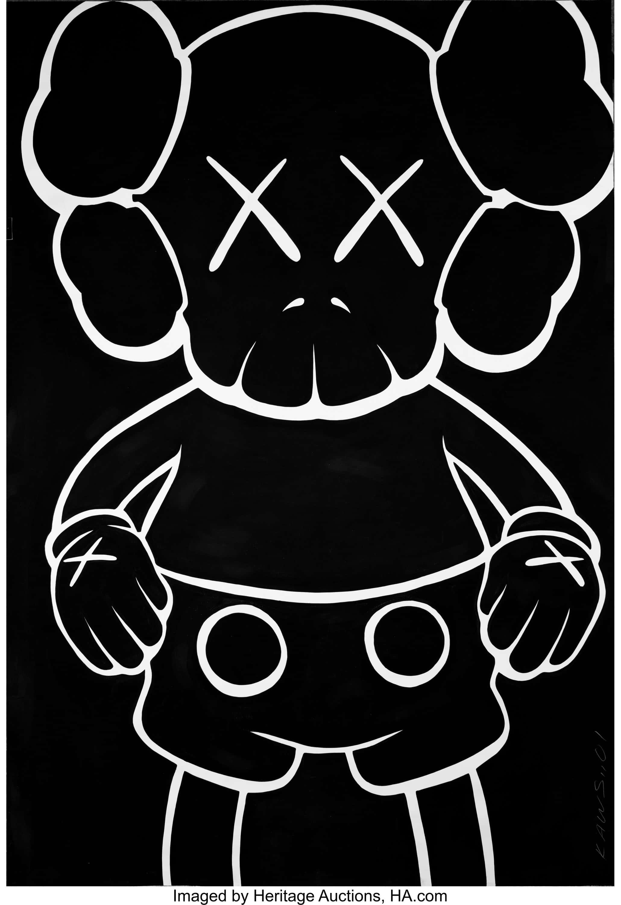 KAWS Companion 角色仰望藍天 壁紙 — 一個強烈的黑白插圖，描繪了一個風格化的卡通角色，帶有X形眼睛和X形手，背景為純黑色。