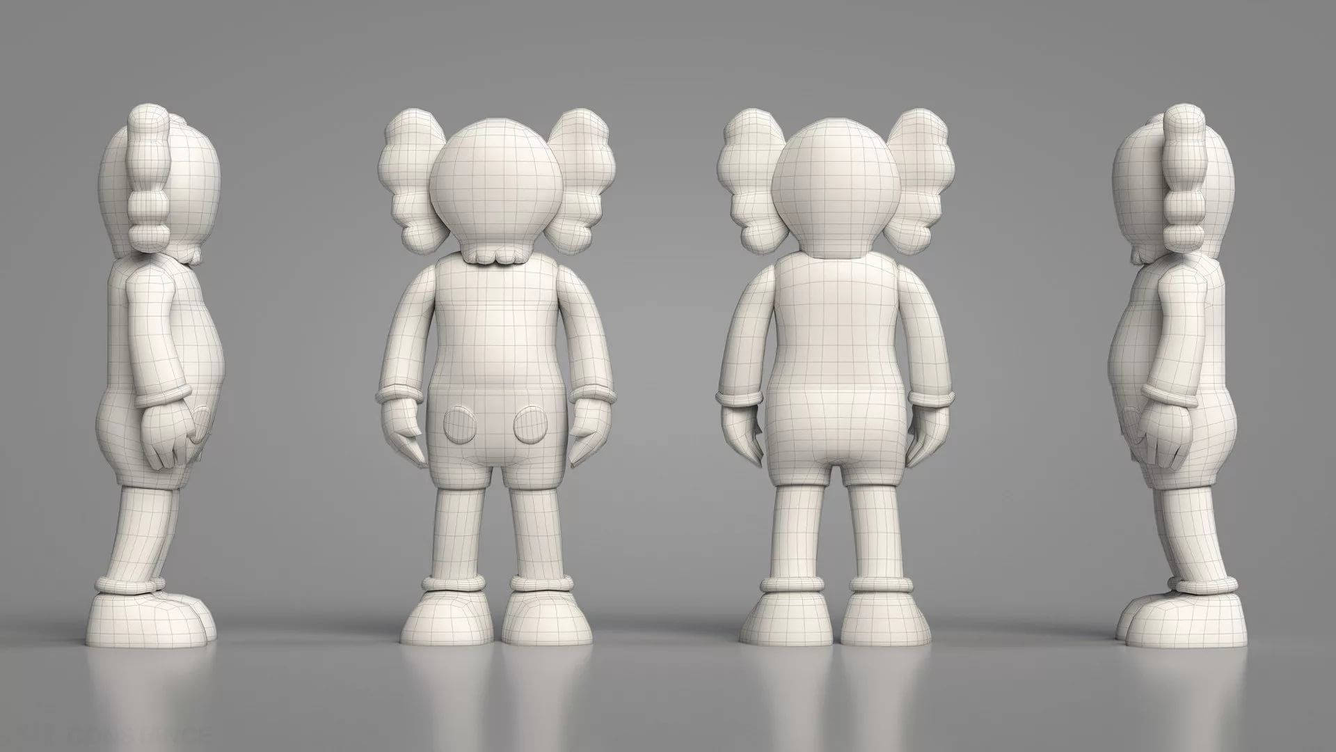 KAWS Companion側影 壁紙 — 四個白色3D渲染的KAWS公仔從不同角度展示在灰色背景上。