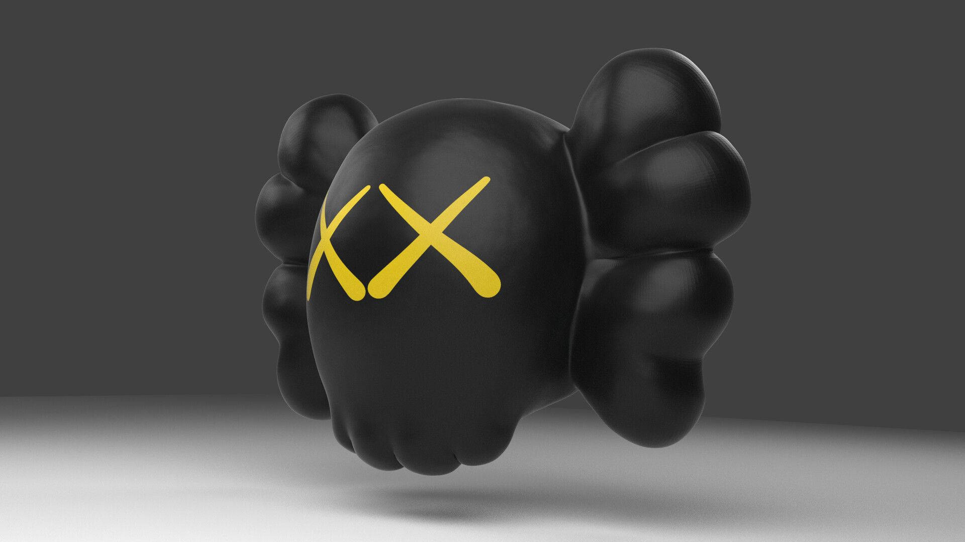 KAWS Companion黃眼 壁紙 — 一個帶有黃色XX眼睛的光澤黑色KAWS Companion公仔漂浮在極簡灰色工作室背景上。