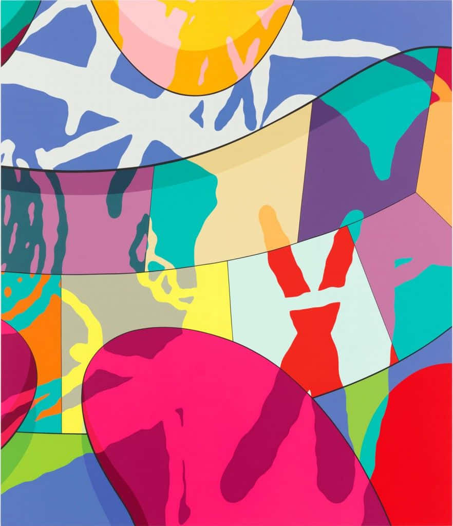 KAWS 藝術作品 壁紙 — 鮮豔的抽象形狀以大膽的色彩在充滿動感的數位畫布上流動，帶有流暢的漸變和幾何形態。