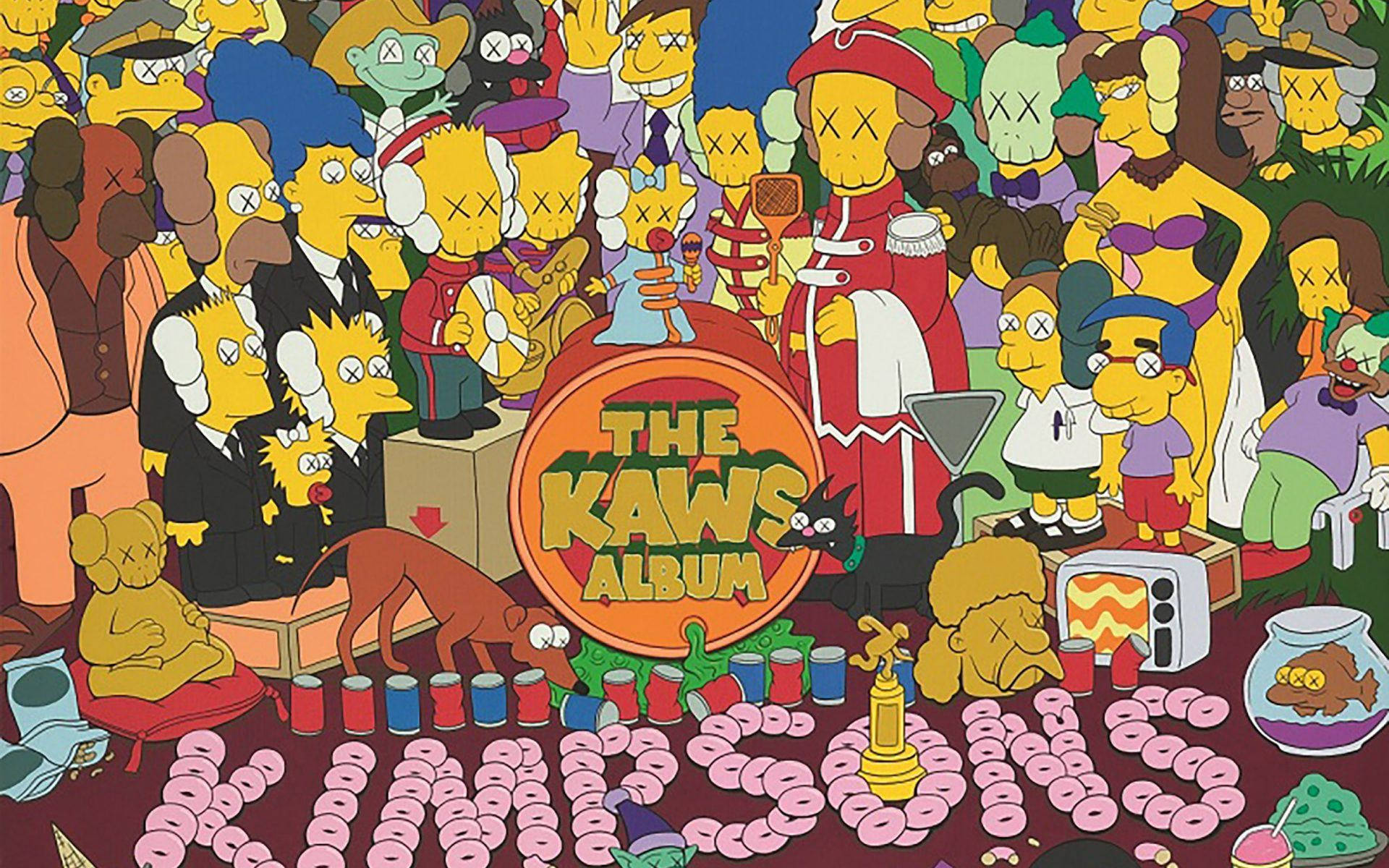 Kaws Kimpsons 系列藝術作品 壁紙 — 一個充滿活力的卡通人群，由辛普森角色與KAWS公仔融合在混亂的派對場景中。