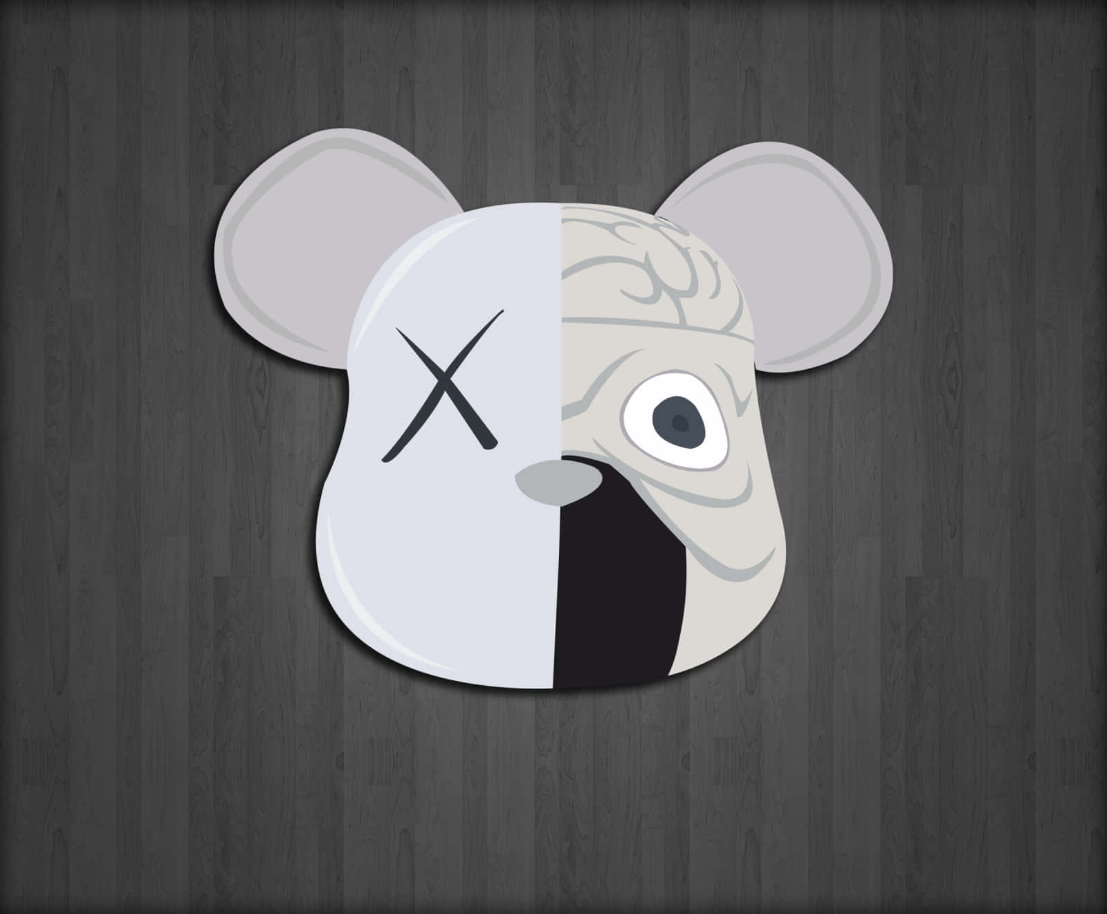 「KAWS 黑白藝術」 壁紙 — 一個分裂面孔的卡通老鼠頭，一側戴著面具，另一側在深色木紋背景下顯示大腦和眼睛。