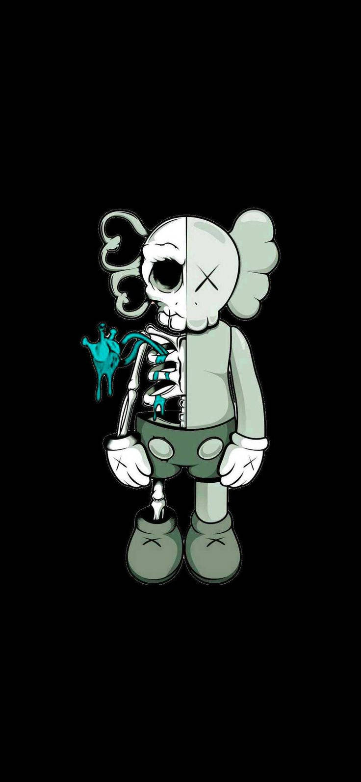 藍色骷髏心跳 Kaws 電腦壁紙 壁紙 — 一個風格化的卡通骷髏角色，半邊頭骨半邊臉，在黑色背景前拿著冒煙的煙斗。