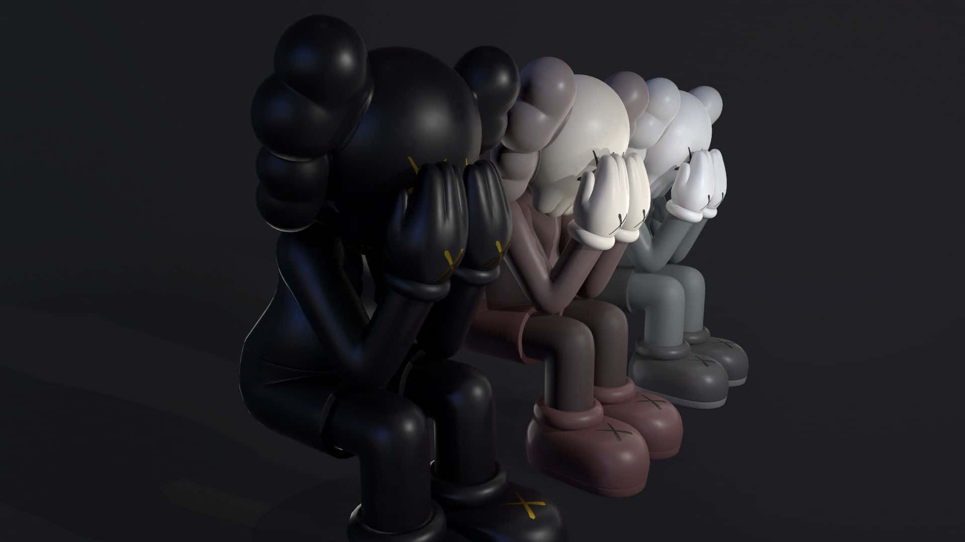 KAWS《穿過》系列人物 壁紙 — 四個風格化的人物以漸變色調坐成一排，在深色背景前用手遮住臉。