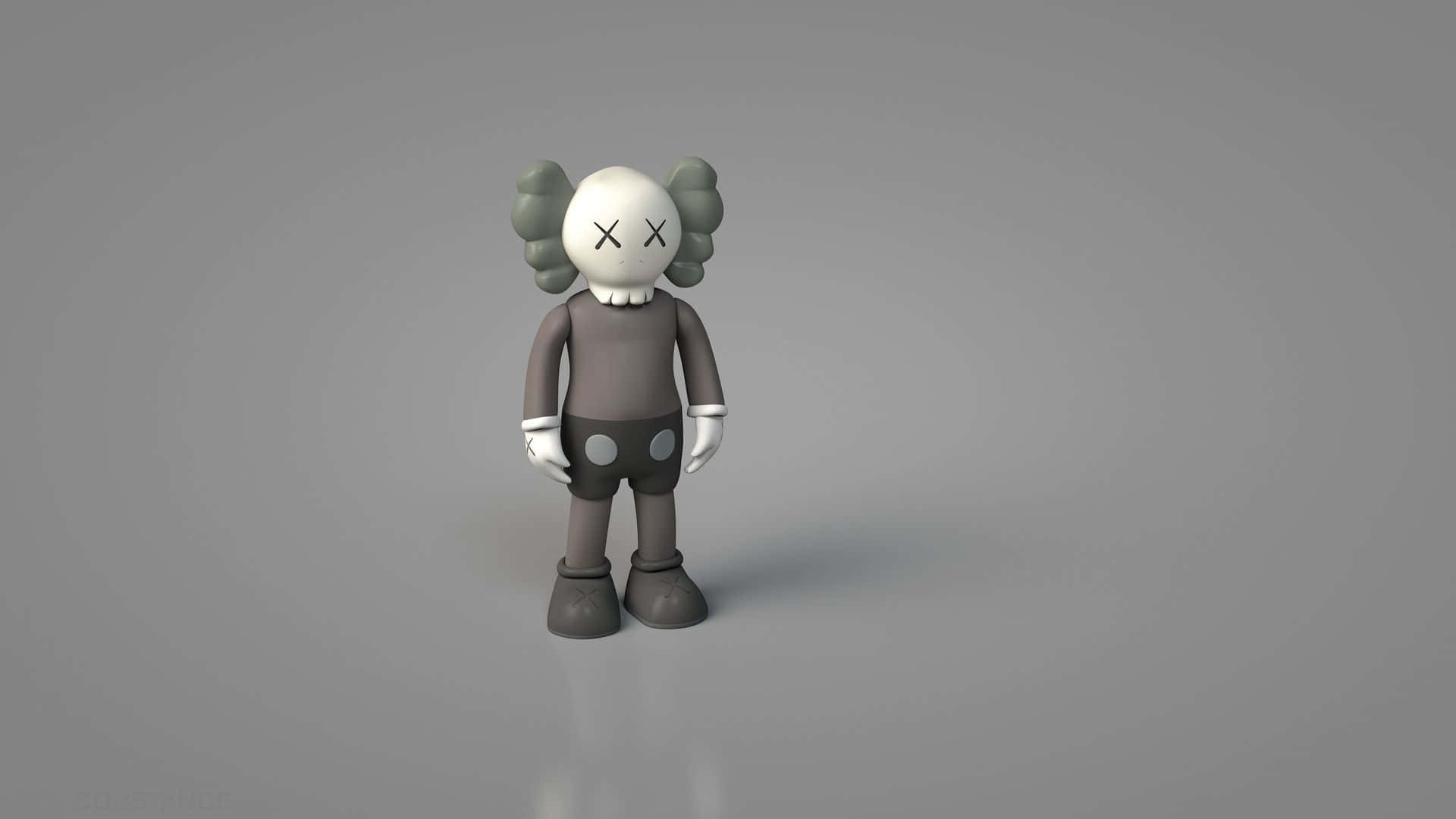 Kaws X Uniqlo 聯名系列 壁紙 — 一個灰色的KAWS公仔，有X形眼睛和雲朵狀耳朵，站在簡約灰色工作室地板中央。