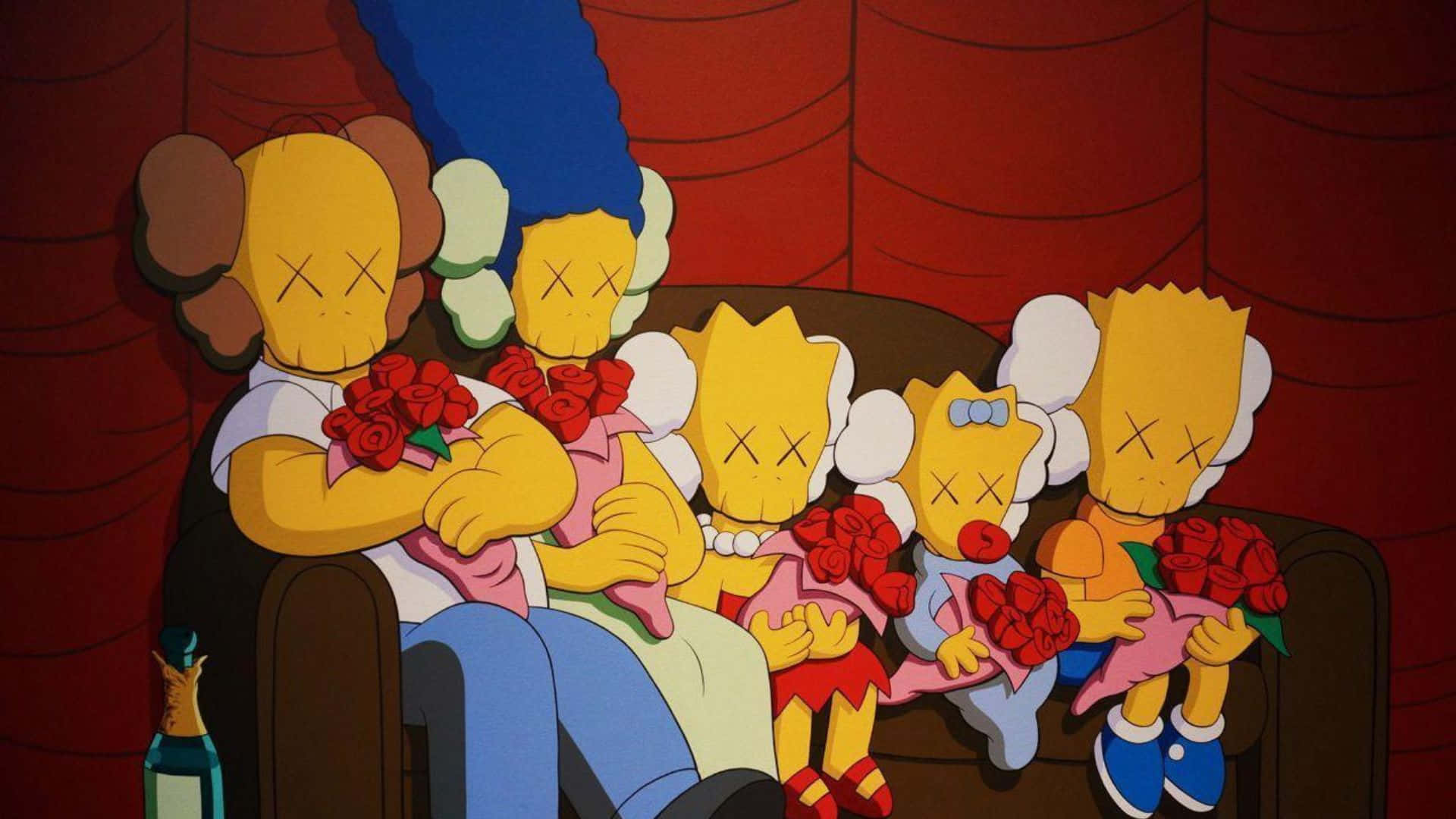 Kaws The Simpsons 桌布 壁紙 — KAWS x 阿森一族角色坐在梳化上，手持玫瑰，眼睛呈X形，背景為紅色窗簾。