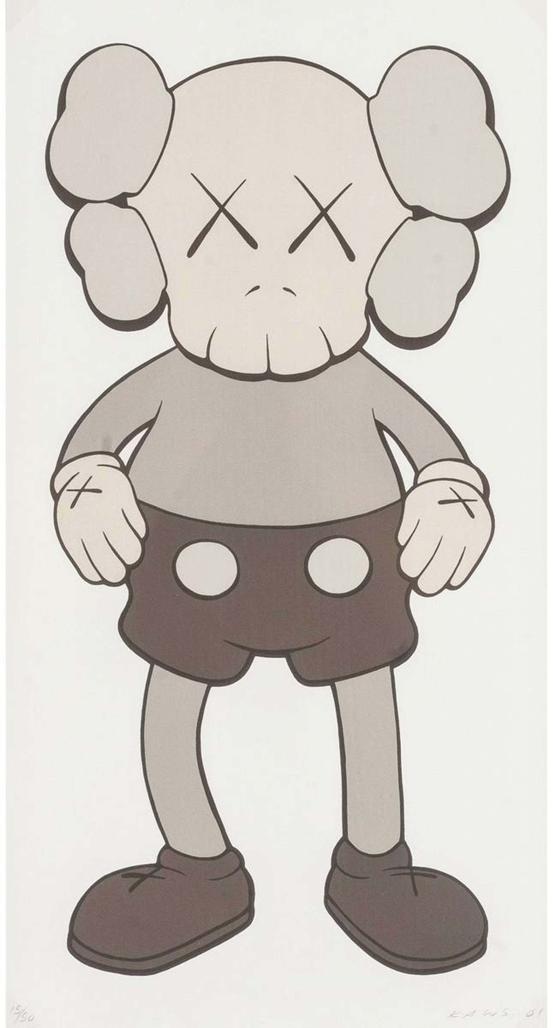 KAWS — 分享創意表達的寧靜與舒適 壁紙 — 一個單色卡通角色，有X形眼睛和雲朵狀耳朵，握緊拳頭站立，風格大膽。