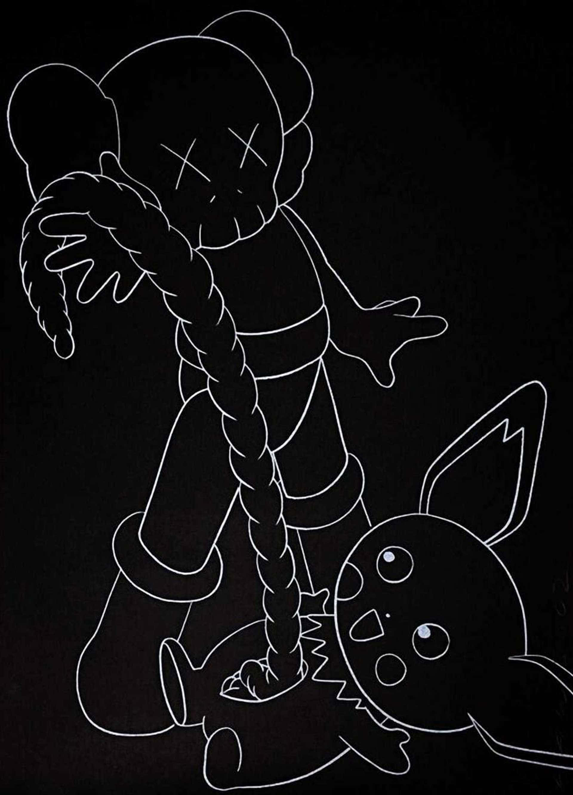 KAWS 原創藝術作品 壁紙 — 一個鮮明的白色線條繪圖，描繪KAWS角色手持繩索綁住一隻驚訝的比卡超，背景為黑色。