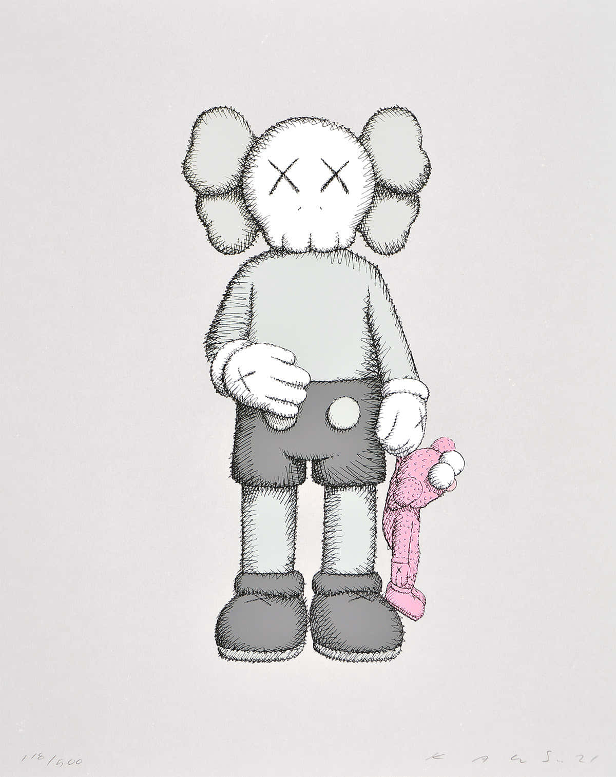 Kaws 為博物館 Boijmans Van Beuningen 呈現作品《夜之女王》 壁紙 — 一個風格化的KAWS角色，帶有X形眼睛，在純色背景前抱著一個粉紅色毛絨玩具。