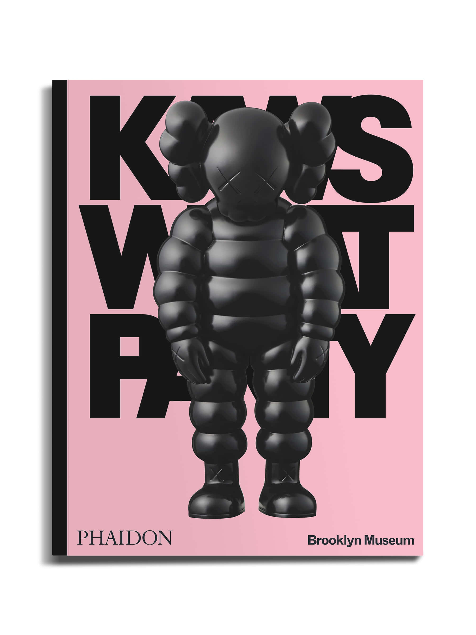 KAWS 的經典藝術作品 壁紙 — 一個光澤黑色KAWS Companion公仔站在大膽的粉紅色背景上，帶有大型黑色文字「KAWS WHAT PARTY」。