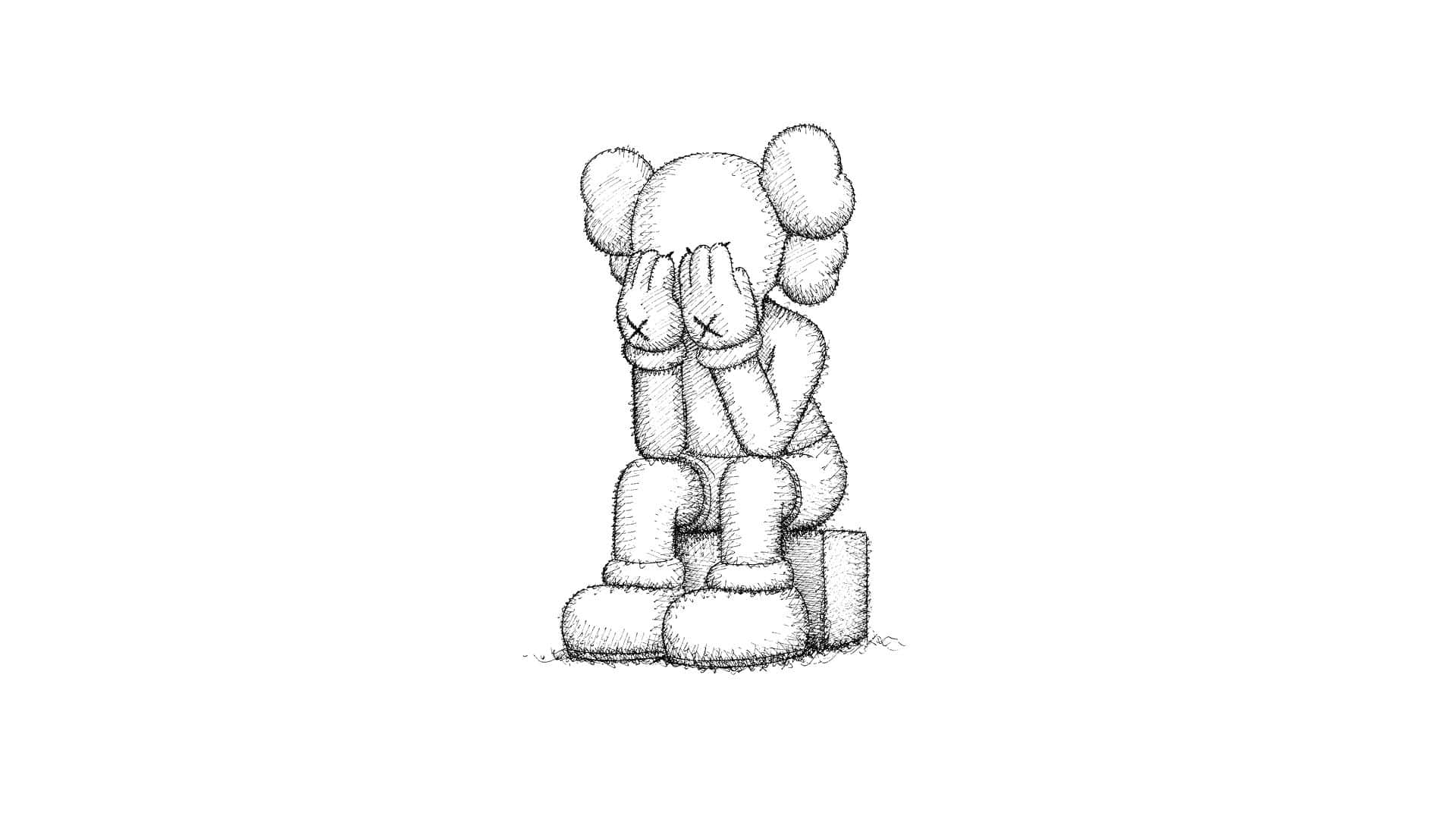 KAWS角色以黑白素描風格坐著並用手遮住眼睛。