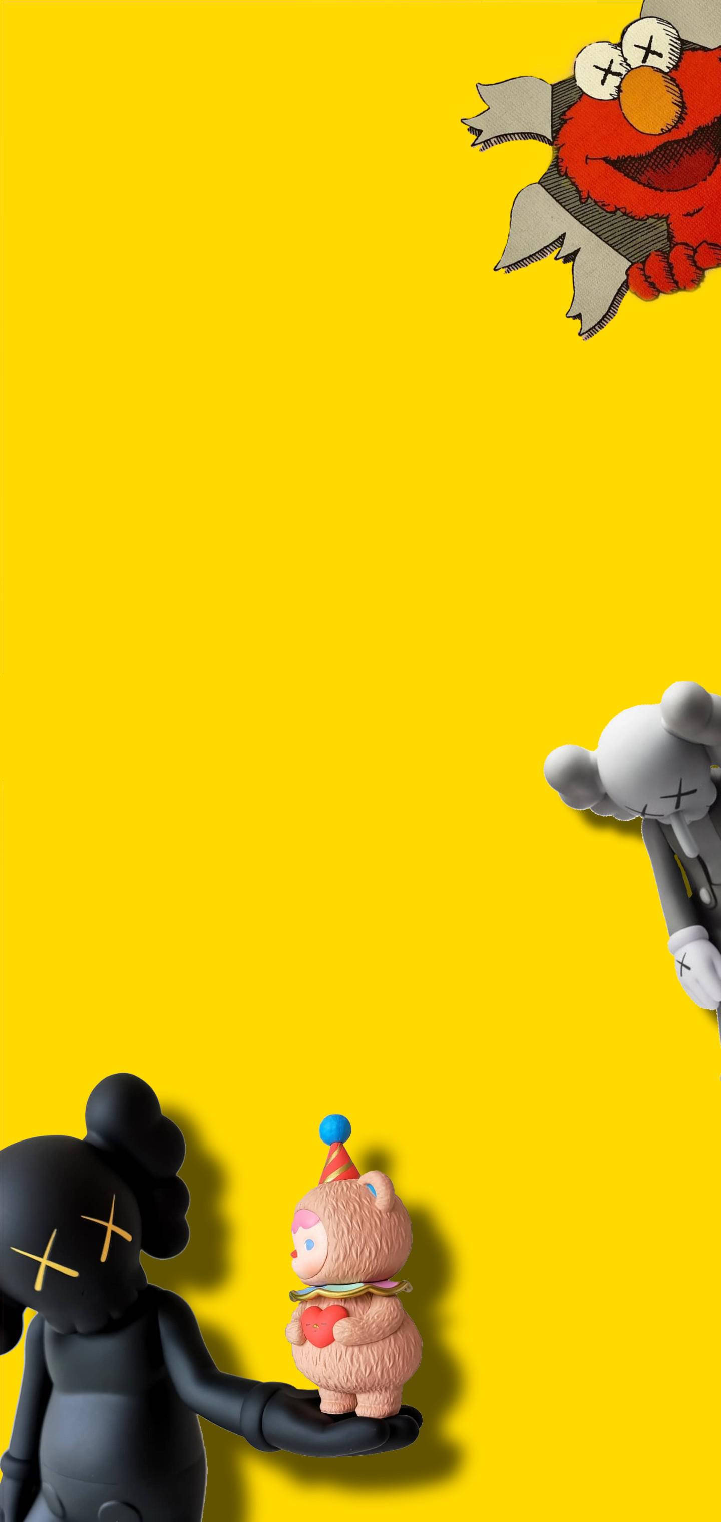 KAWS 與 Elmo 邊框設計 壁紙 — 充滿活力的黃色背景，帶有風格化的卡通角色，包括 Elmo 和 KAWS 人物，姿勢俏皮。
