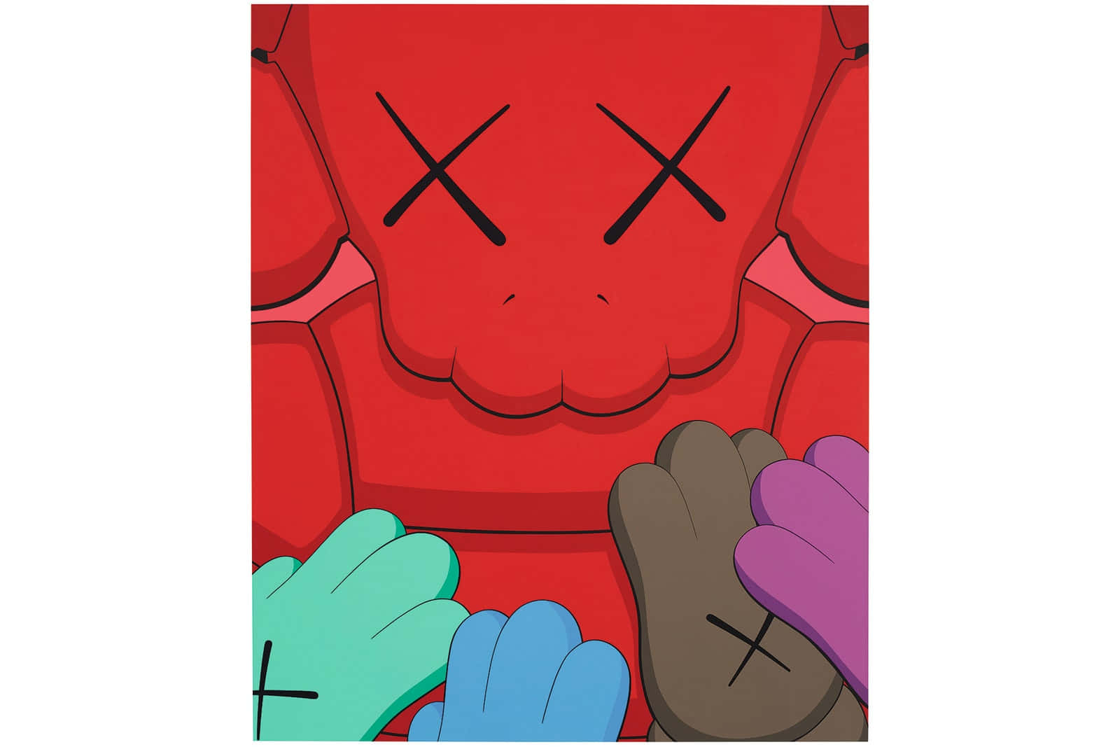 KAWS 與 Uniqlo 展開色彩繽紛合作 壁紙 — 一個大膽的紅色KAWS角色，帶有X形眼睛，被色彩繽紛的手以充滿活力的卡通風格擁抱。