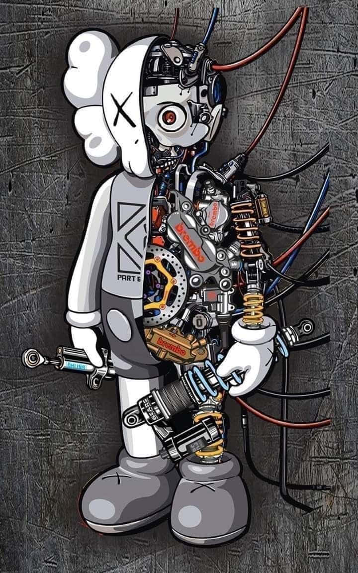 卡通機械人，齒輪和電線暴露在外，站在灰色牆壁前。