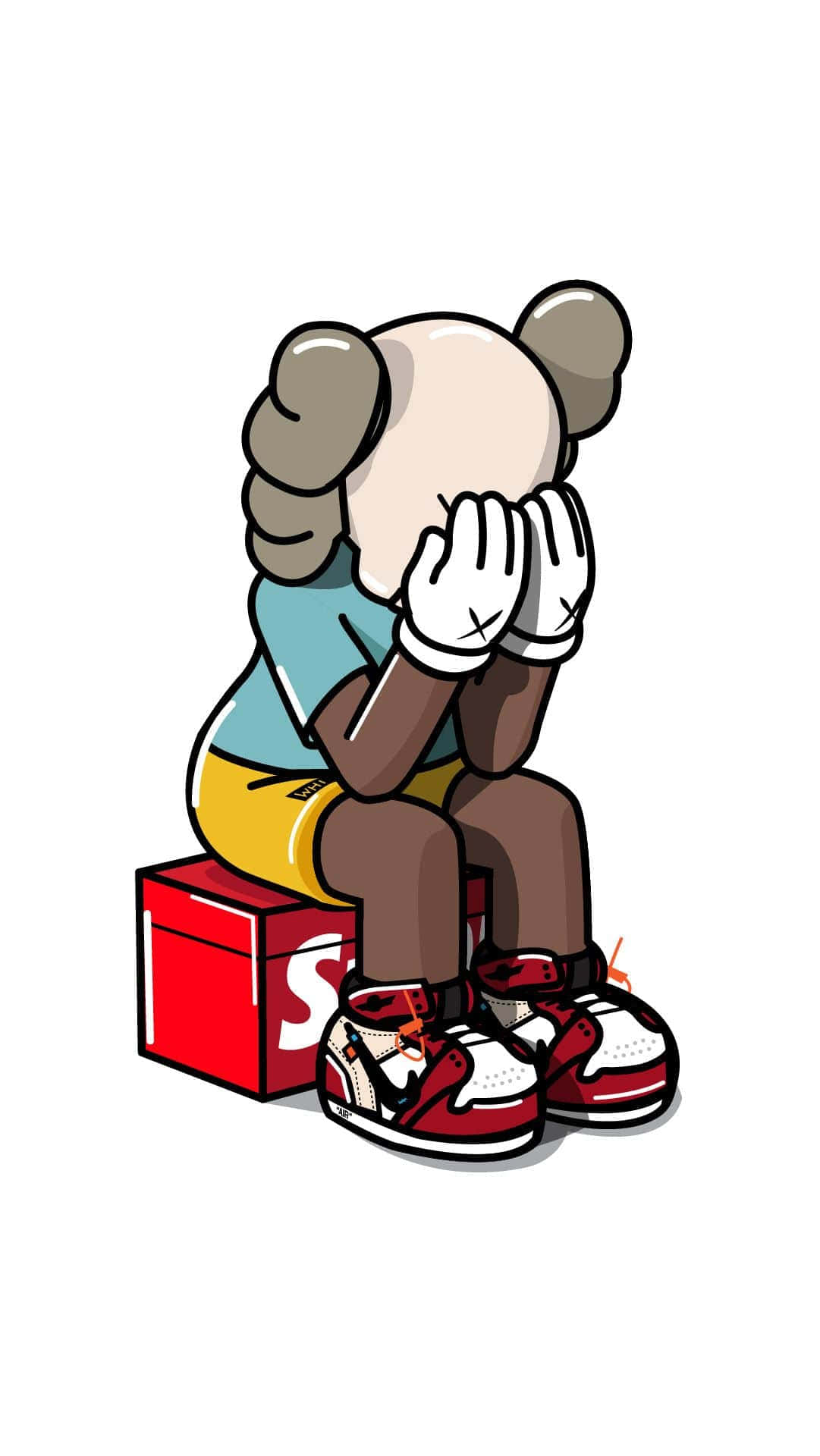 KAWS：讓現代藝術更親民 壁紙 — 一隻灰色耳朵的卡通熊坐在紅色Supreme盒子上，雙手遮臉，穿著紅白運動鞋。