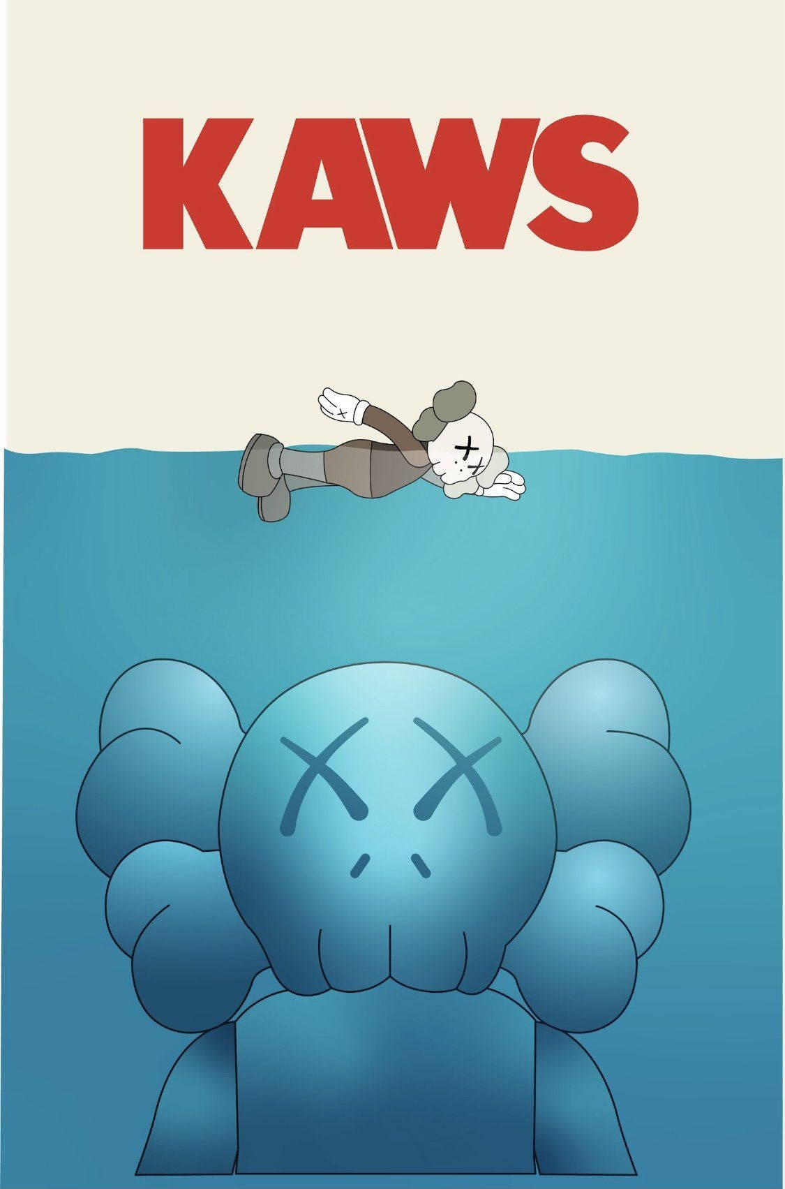 KAWS角色漂浮在水面上，下方有大型藍色KAWS人物浮現。