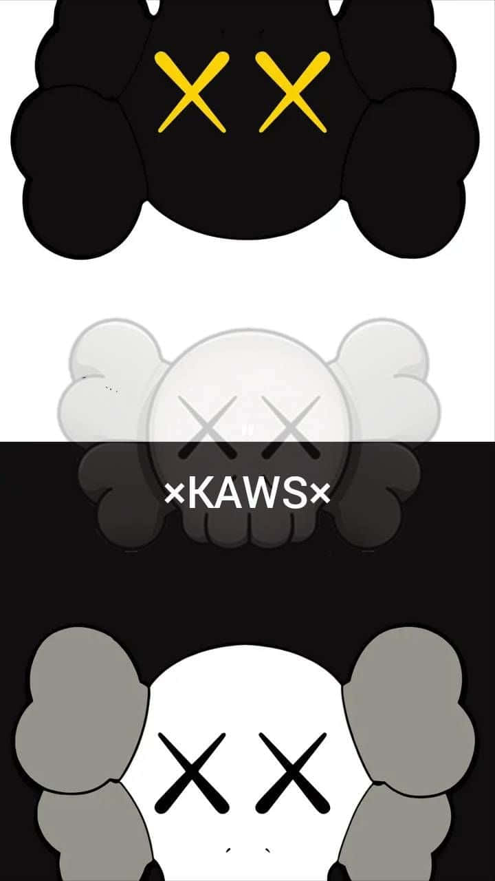 黑色、白色和灰色的KAWS角色藝術，帶有X形眼睛。
