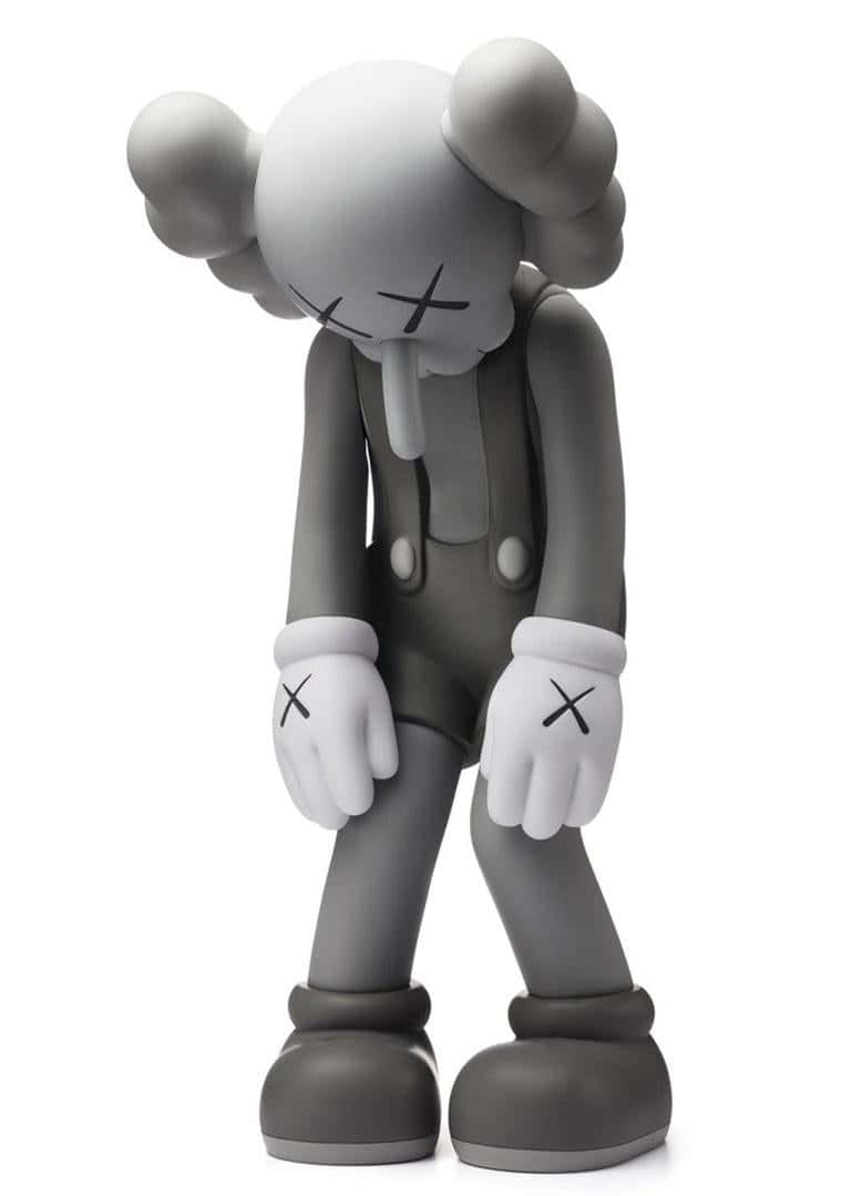 入手KAWS設計iPhone，獨一無二！ 壁紙 — 一個灰色KAWS Companion公仔，有X形眼睛和雲狀頭髮，莊嚴地站在純白色背景前。