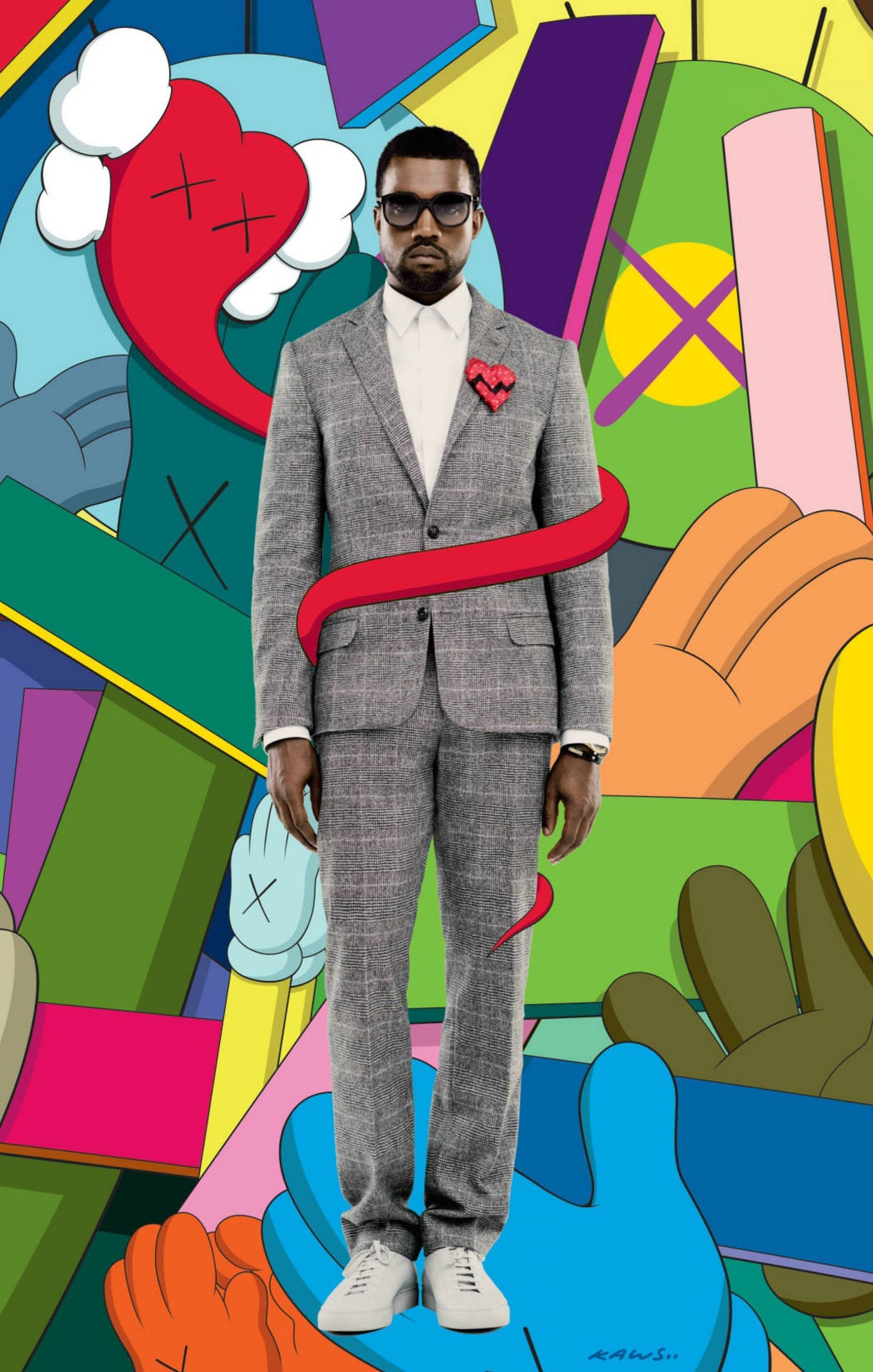 Kanye West 身穿灰色西裝，戴著太陽眼鏡和心形胸針，被卡通手和心形包圍。