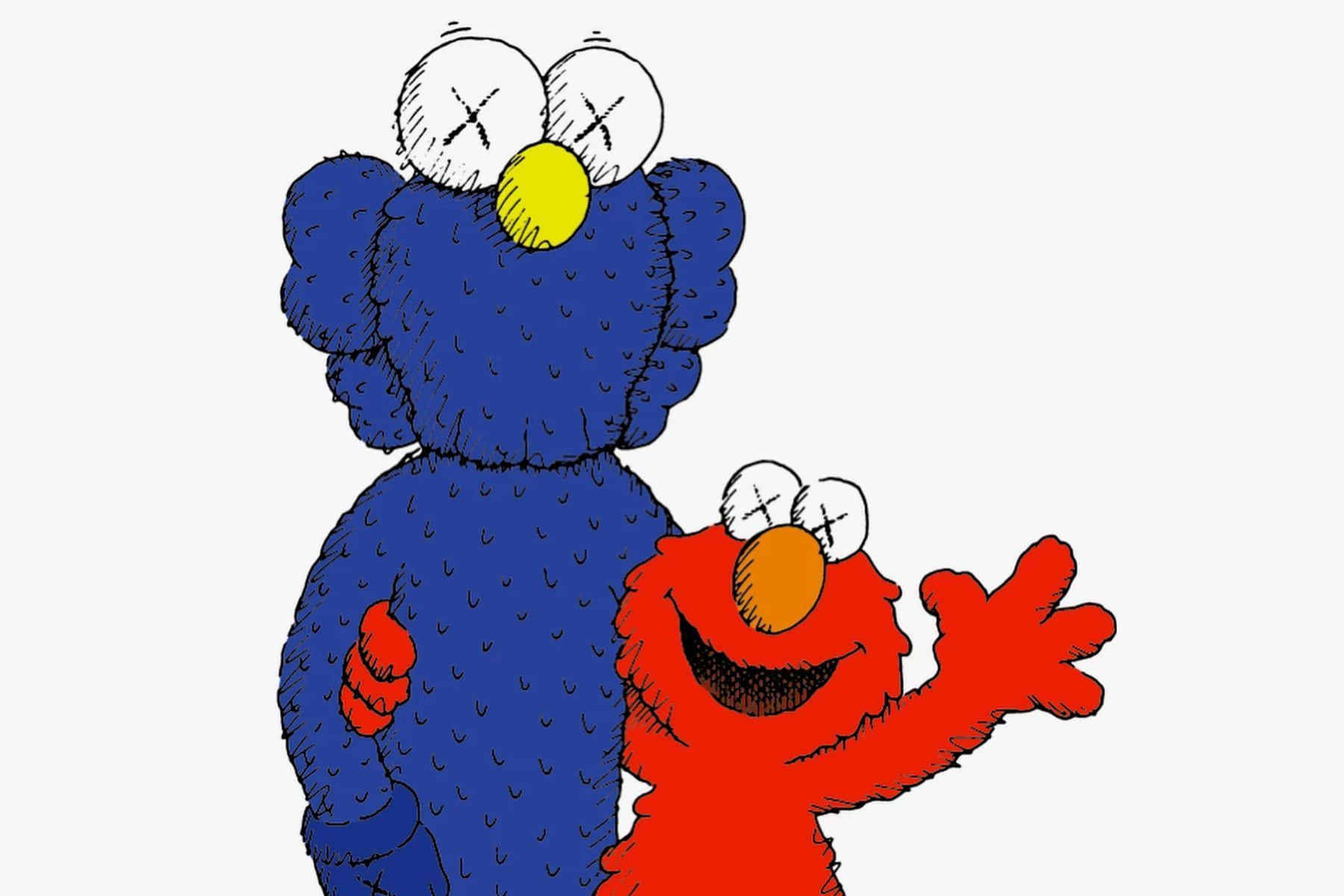 KAWS經典藝術作品配以色彩繽紛背景 壁紙 — Elmo 和 Cookie Monster 以俏皮的卡通風格呈現，帶有 X 形眼睛和紋理毛髮，背景為純色。