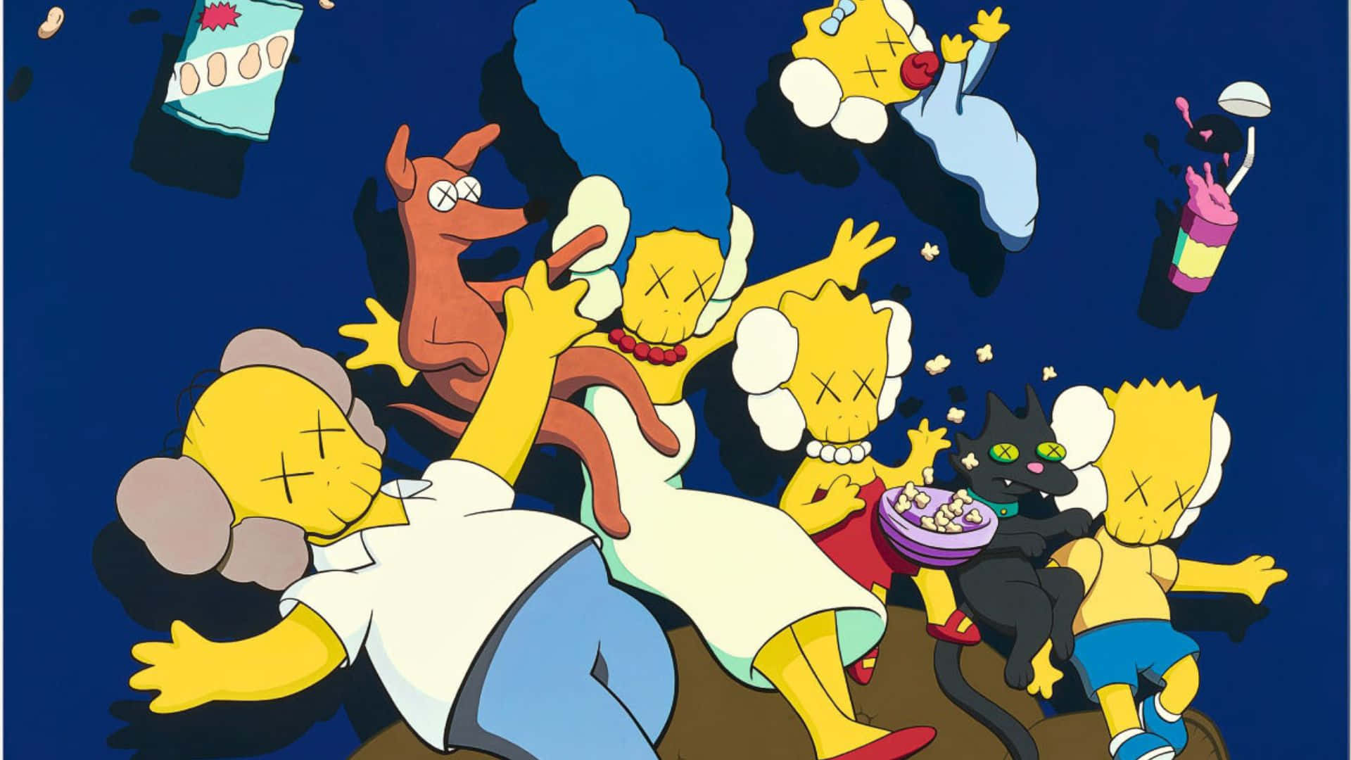 Kaws The Simpsons 桌布 壁紙 — Kaws風格化的阿森一族角色在混亂的夜晚場景中漂浮，伴有漂浮物體和富有表現力的姿勢。