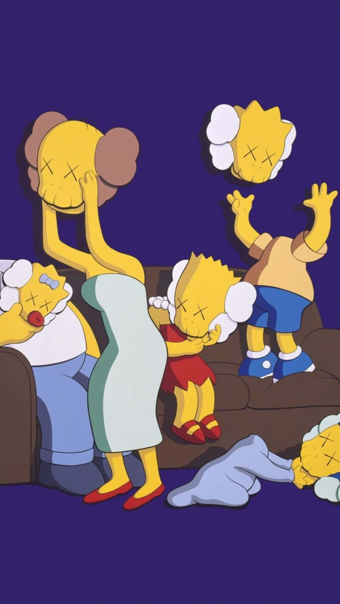 Kaws The Simpsons 桌布 壁紙 — Kaws風格嘅阿森一族喺梳化上攤唞，有X形眼睛同雲狀頭，背景係深紫色。