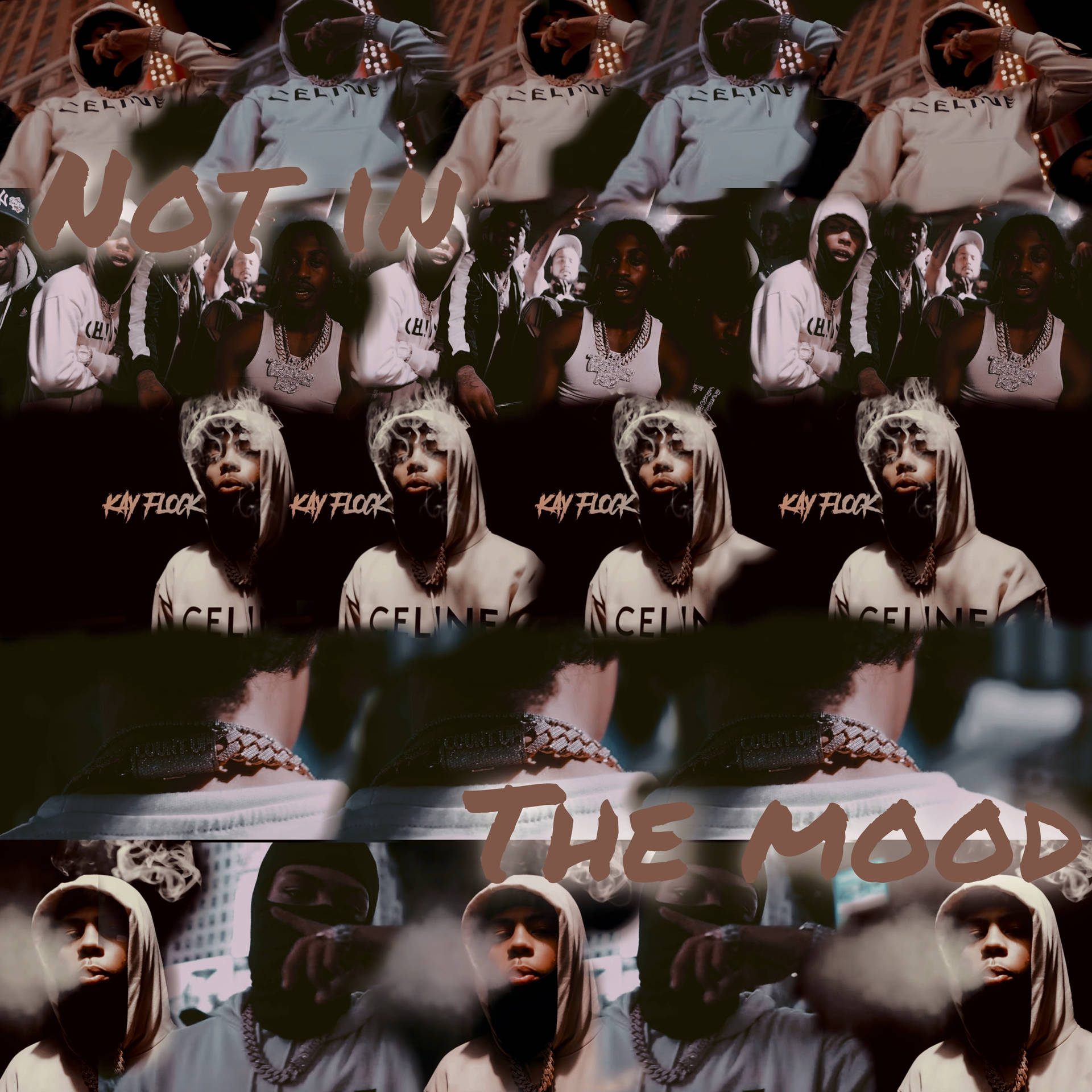 一個人穿著連帽衫的拼貼畫，上面寫著「not in the mood」。