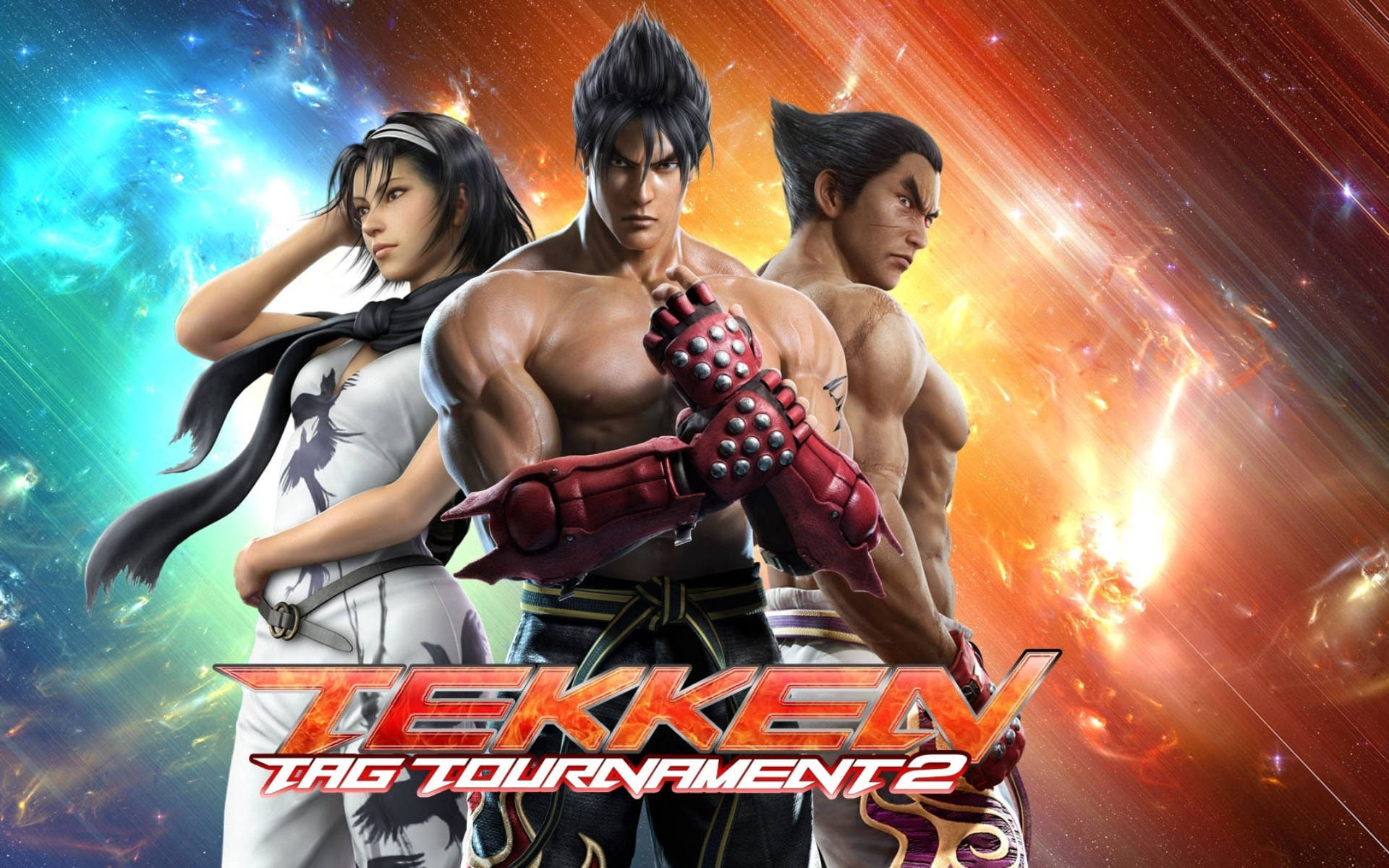金· Kazama Tekken Tag Tournament 2 壁紙 — 三名肌肉發達的戰士英勇地站在宇宙背景下，背景是旋轉的藍色和火熱的橙色星雲。
