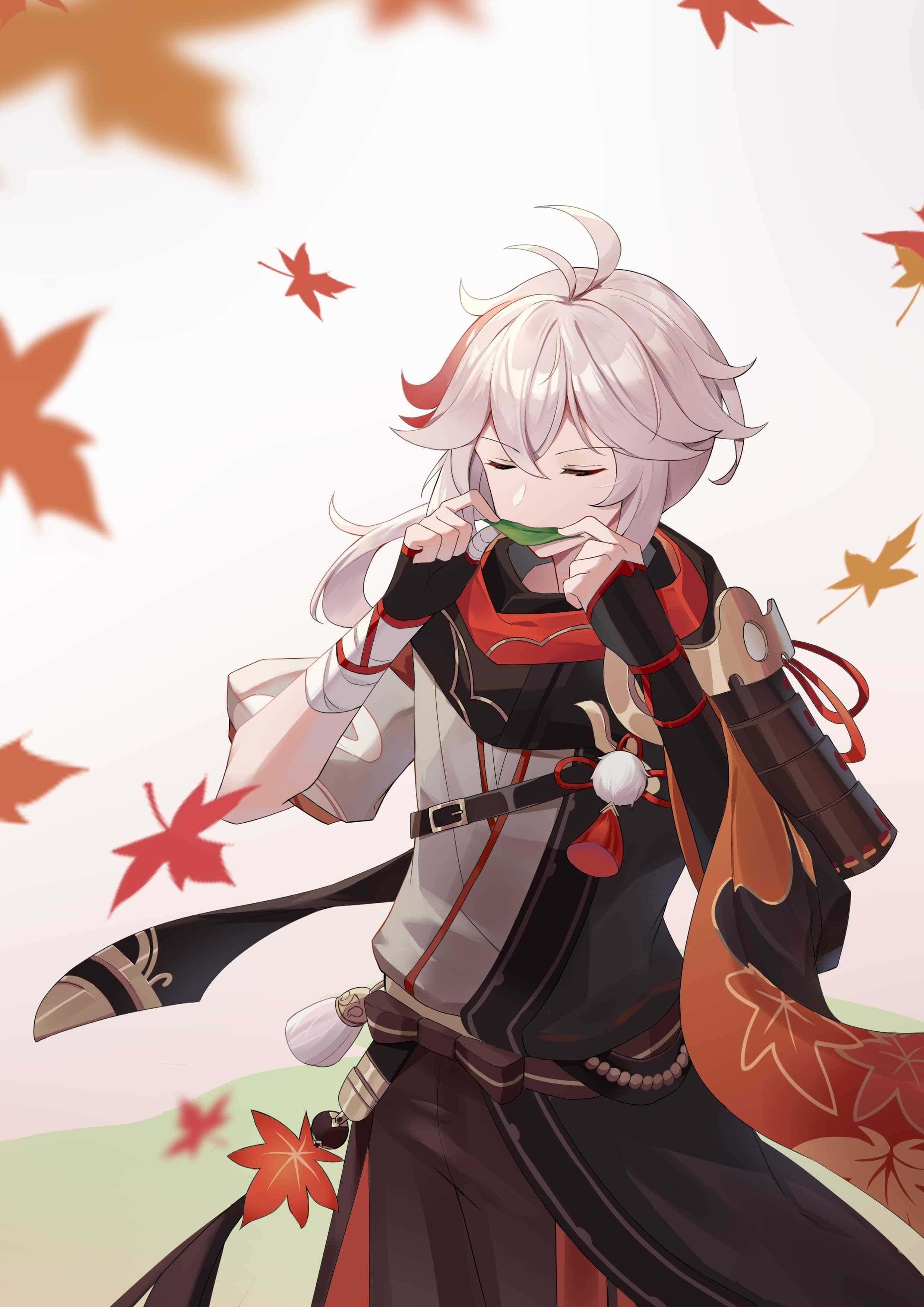 風神 Kazuha 梅花葉音 壁紙 — 一個年輕的動漫角色，擁有白色頭髮和紅色點綴，站在柔和的粉彩背景中，周圍是飄落的秋季楓葉。