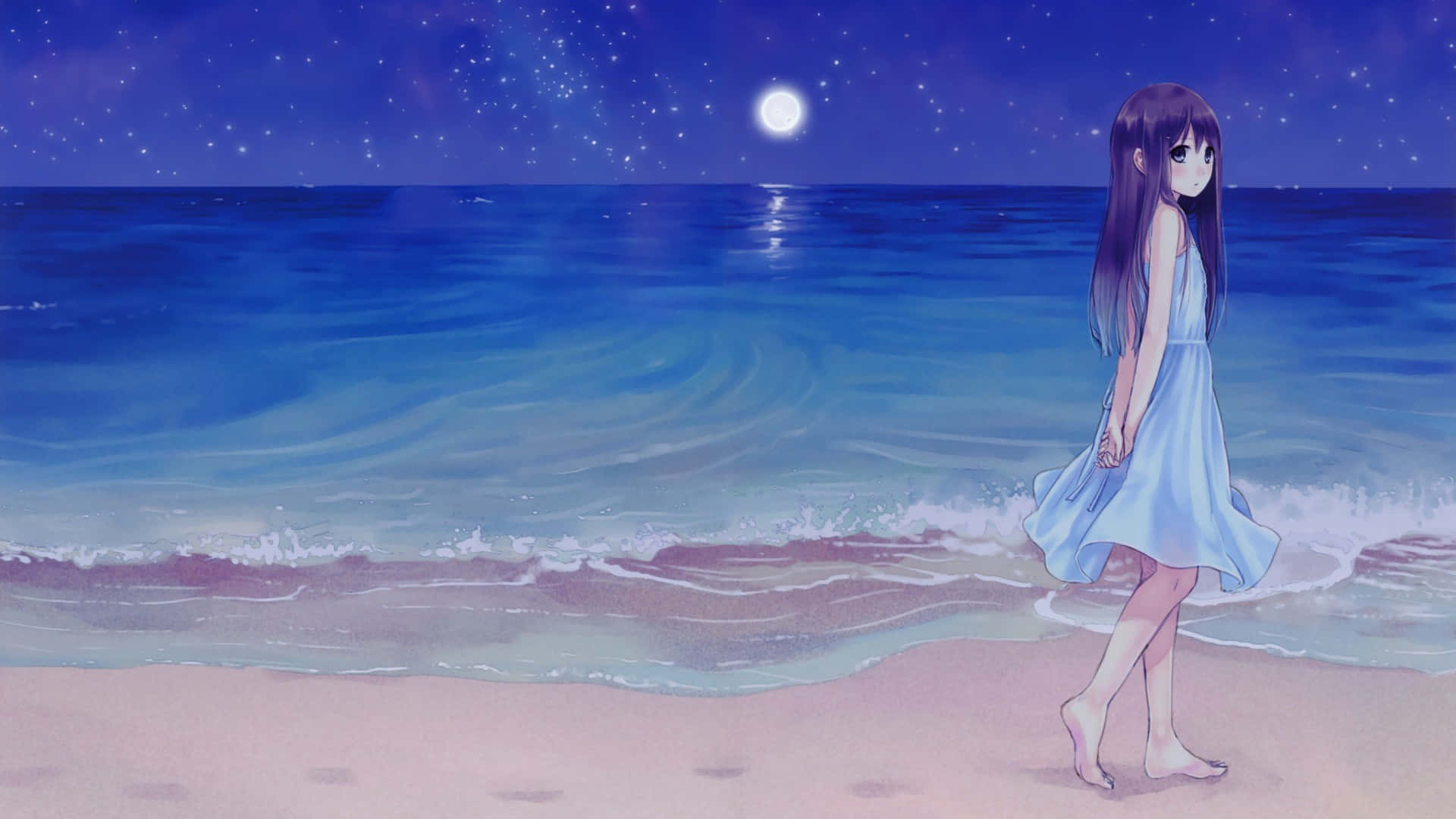 Kazuharu Kina 海灘動漫少女 壁紙 — 一個孤獨的動漫女孩穿著淺藍色連衣裙，赤腳走在滿月下的星光海灘上。