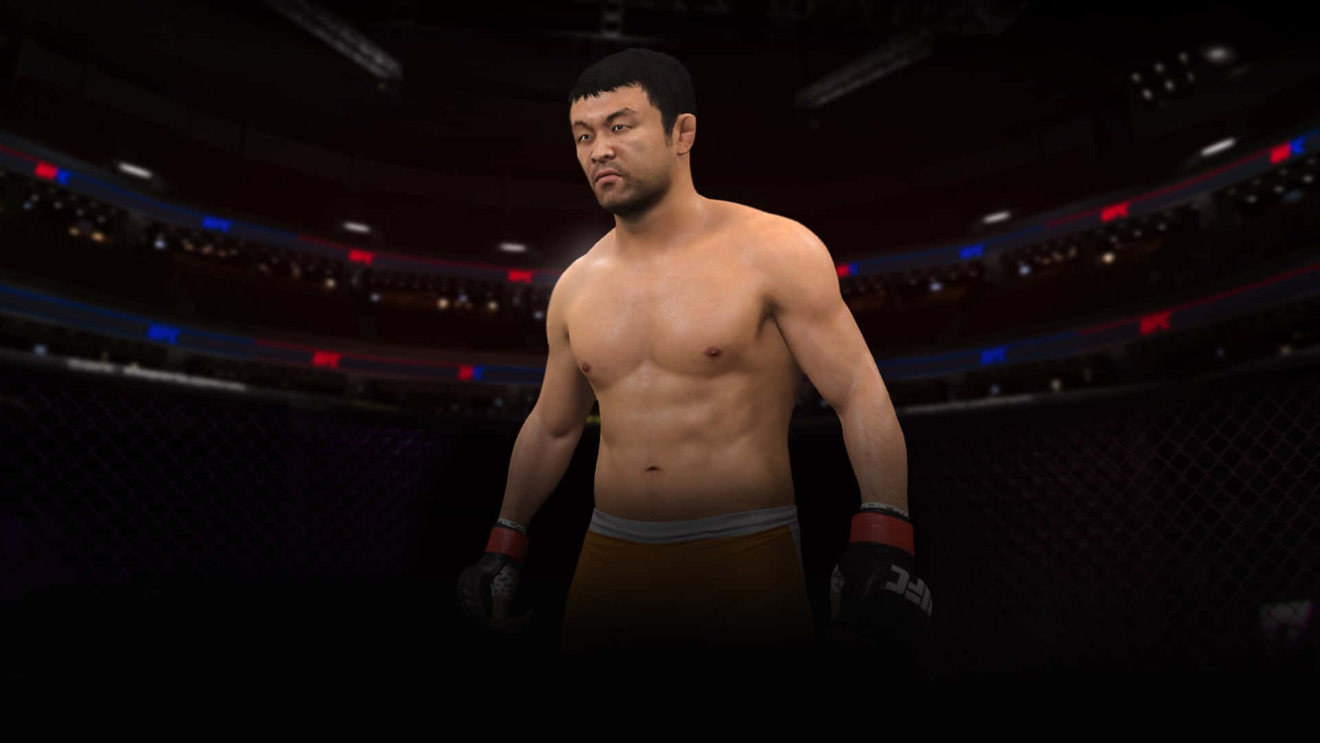 Kazushi Sakuraba EA Sports遊戲3D模型 壁紙 — 一位肌肉發達的戰士站在燈光昏暗的MMA八角籠中，紅色和藍色的燈光照亮了他身後擠滿觀眾的競技場。