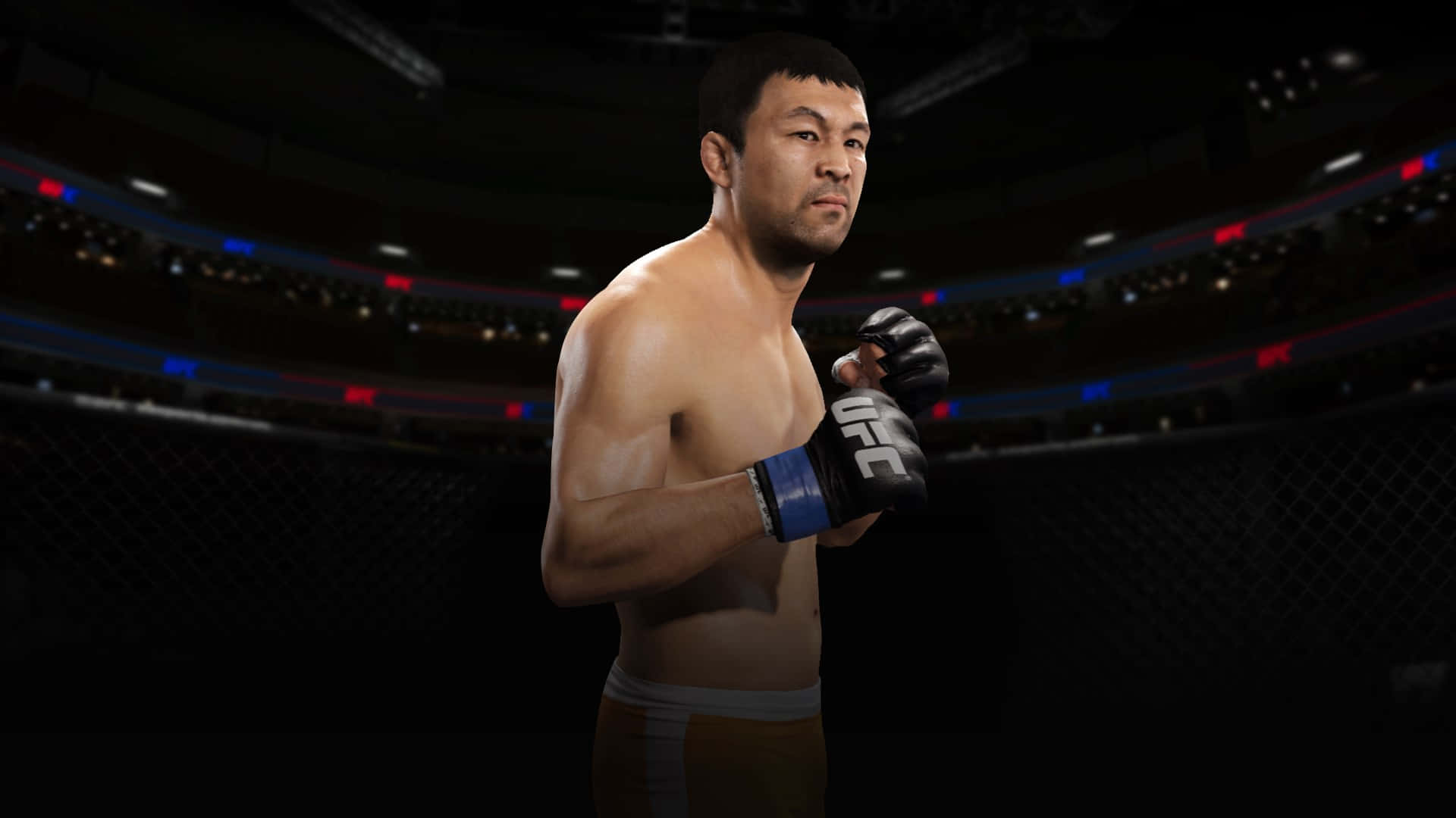 Kazushi Sakuraba 3D角色模型 壁紙 — 一位肌肉發達的拳手戴著UFC手套，站在燈光昏暗的八角籠內，背景是模糊的體育場燈光。
