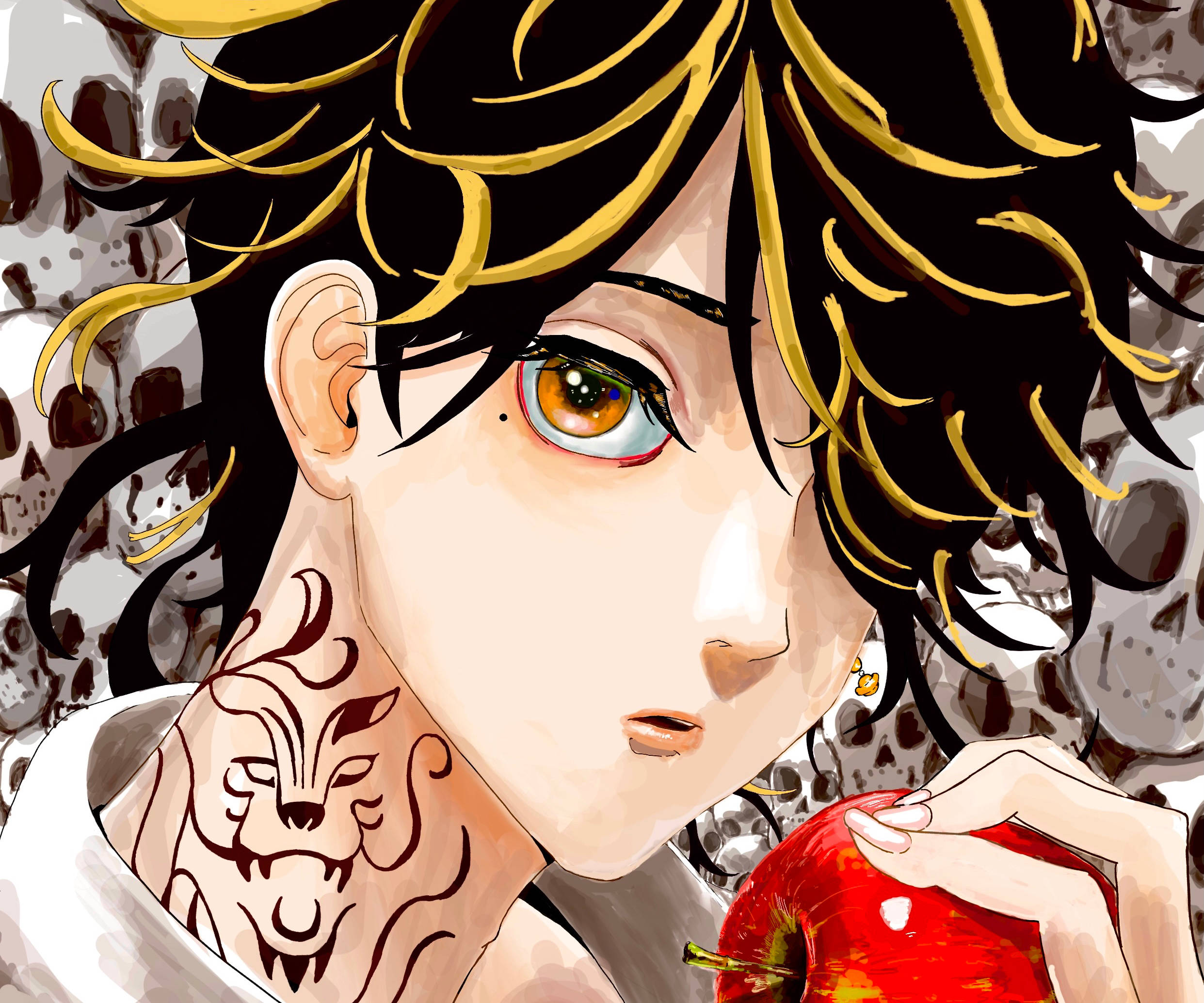 Kazutora Hanemiya黑金髮色 壁紙 — 一個黑金髮色的動漫角色特寫，手持一個紅蘋果，背景為骷髏圖案。