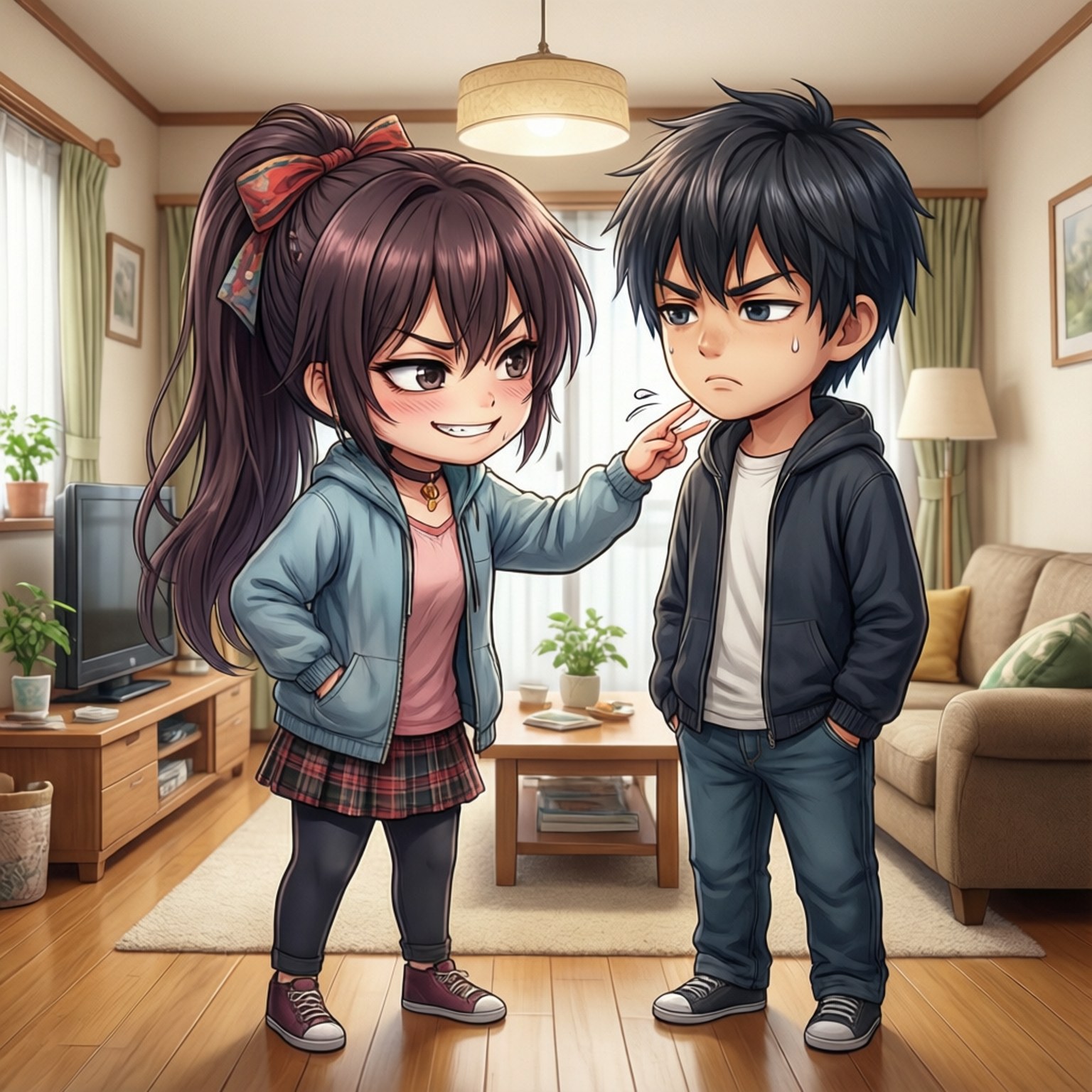 koikimo 桌布 壁紙 — 一個可愛的動漫女孩在舒適的客廳裡，木地板和柔和燈光下，頑皮地逗弄一個男孩。