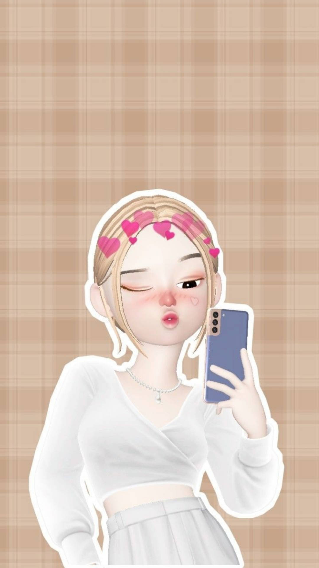動漫女孩一邊用手機自拍，一邊飛吻。 — 美學女孩 壁紙