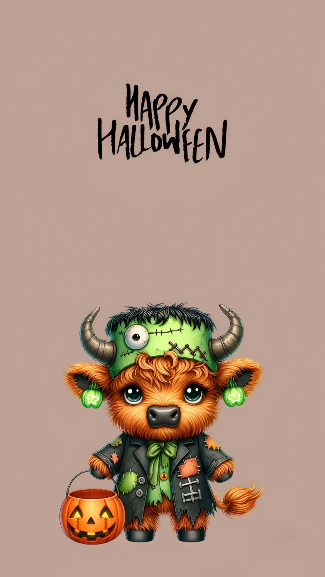  壁紙 — 一隻可愛的卡通高地牛打扮成科學怪人，有角和縫線，在'Happy Halloween'文字下拿著一個傑克南瓜燈。
