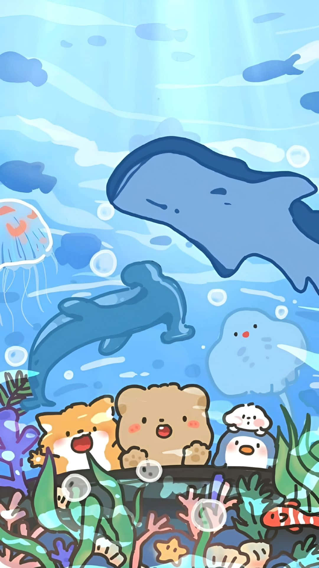  壁紙 — 可愛的卡通動物探索充滿活力的海底世界，鯨魚、海豚和水母在清澈的藍色海水中游動。