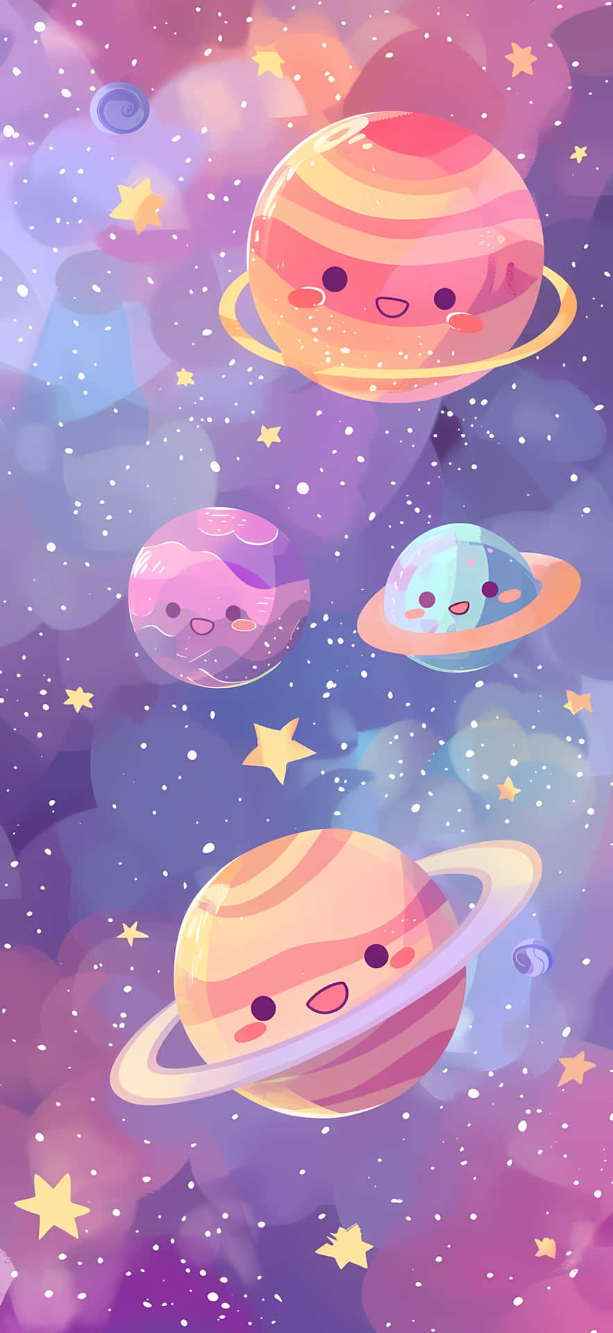  壁紙 — 可愛的卡通行星帶著笑臉漂浮在夢幻紫色星系中閃爍的星星之間。