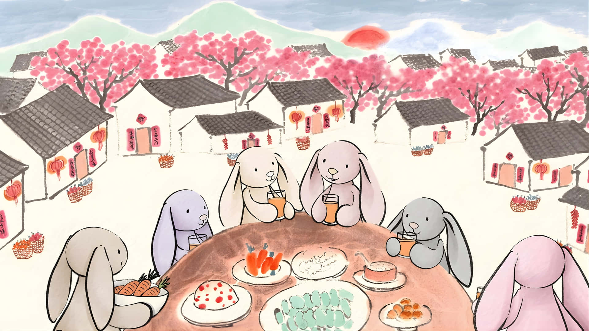  壁紙 — 可愛的兔子聚集在一張擺滿節日食物的桌子周圍，村莊裝飾著粉紅色的櫻花和紅燈籠。