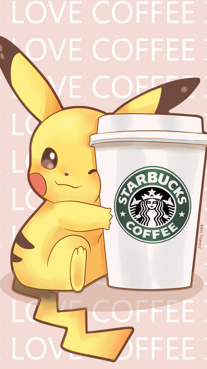 比卡丘拿著星巴克咖啡杯，背景有love coffee文字。