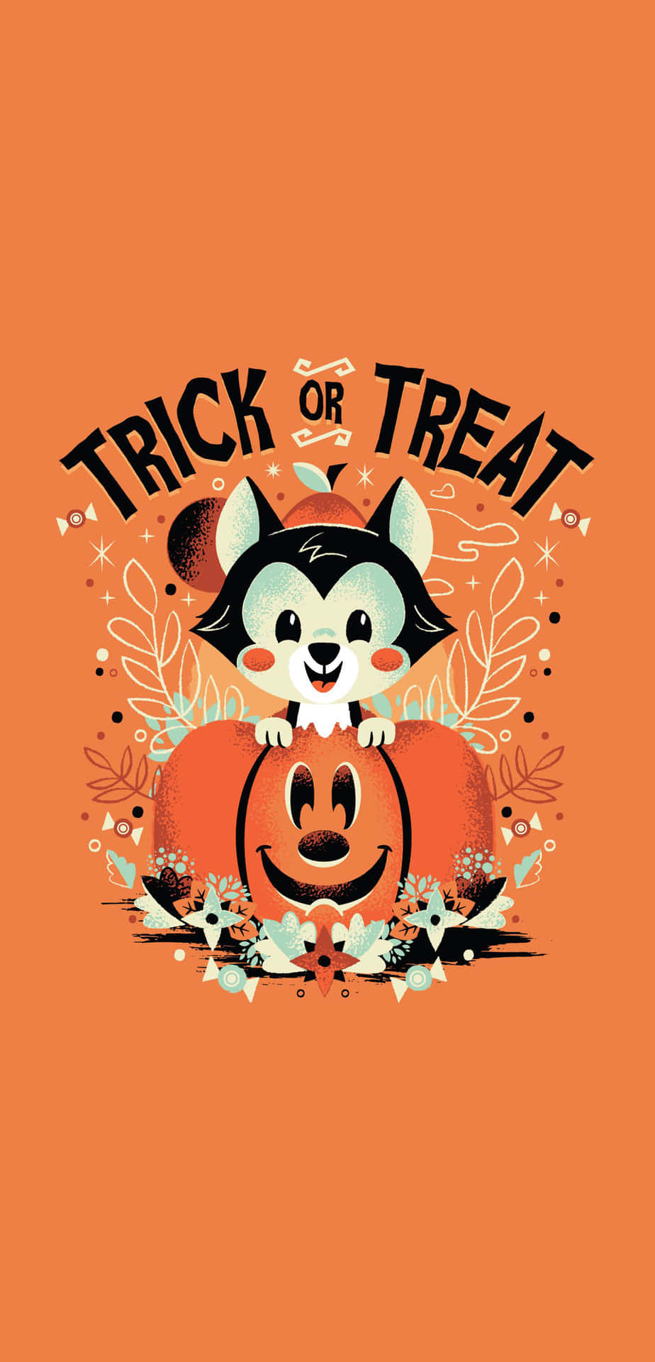 可愛狐狸從微笑南瓜燈上方探出頭來，帶有「Trick or Treat」文字。