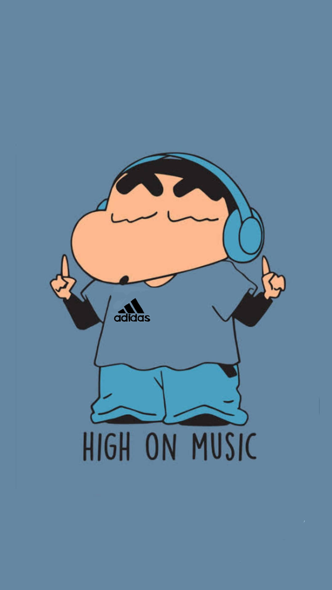 動漫角色戴著耳機和文字 high on music 跳舞