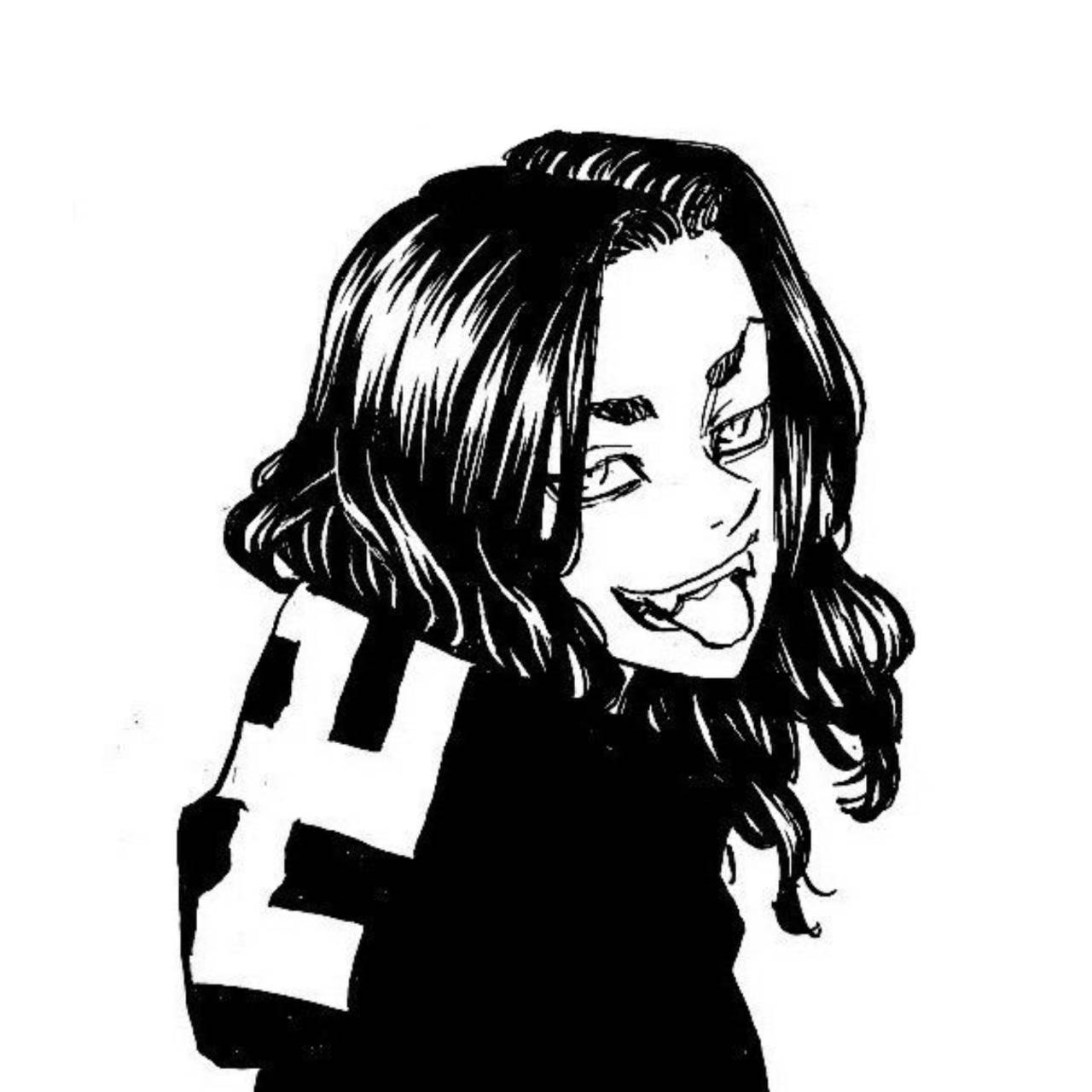 Keisuke Baji 挑釁表情 壁紙 — 一幅黑白動畫風格插圖，描繪一個波浪髮角色頑皮地伸出舌頭。