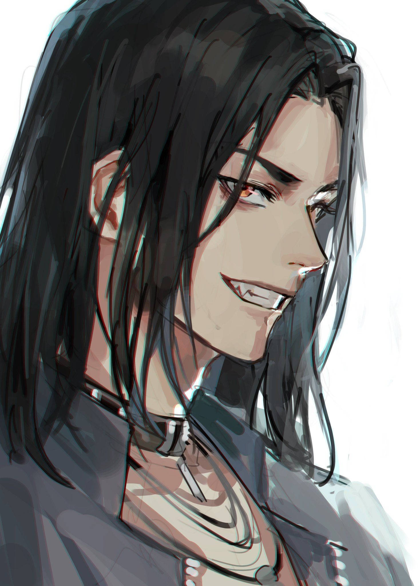 Keisuke Baji 熱情微笑的同人畫 壁紙 — 一個風格化的動漫肖像，描繪一位黑髮男性，擁有紅色眼睛和銳利的笑容，背景為明亮的白色。