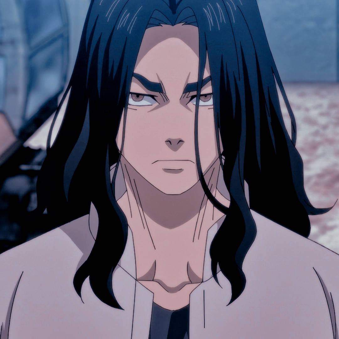 Keisuke Baji 狂野眼神 壁紙 — 動漫角色特寫，長黑髮，眼神銳利，身穿淺色外套。